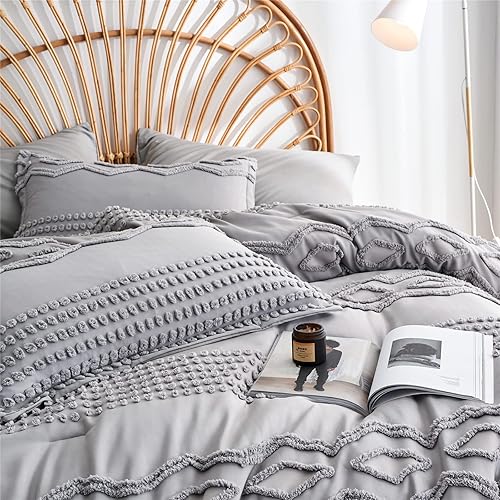 Miniatura 4 de KAKIJUMN Juego de edredón geométrico bohemio de 7 piezas, color gris, juego de ropa de cama de microfibra para todas las estaciones (Queen)