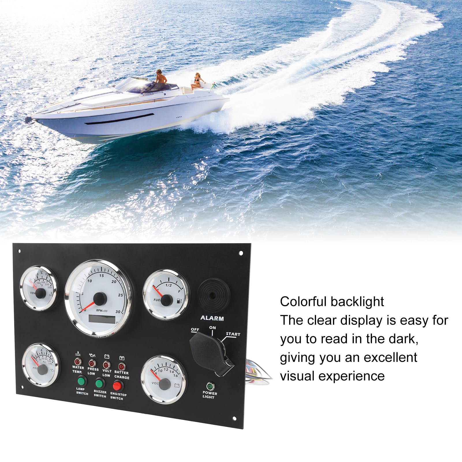 Panel de calibre Torvex, 300 x 190 mm, panel de instrumentos para barco, tacómetro, medidor de tablero, 0-3000 RPM, temperatura del agua, presión de aceite para yate (Blanco 12V)