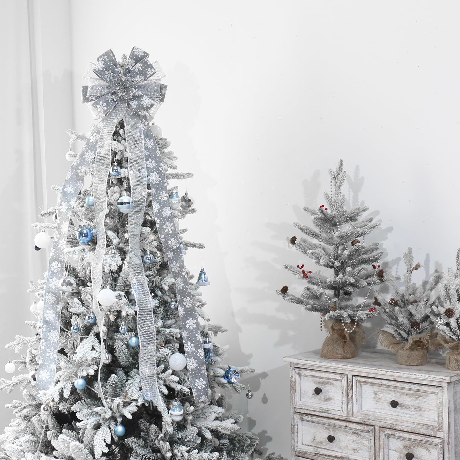 Cimier de sapin de Noël, grand nœud pour décoration de Noël, décoration de vacances, maison, mariage, Thanksgiving, intérieur/extérieur (gris argenté)