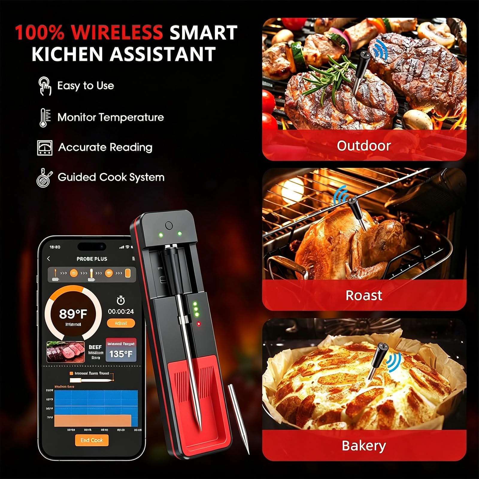 Termómetro carne inalámbrico Bluetooth digital lectura rápida precisión ±1℃