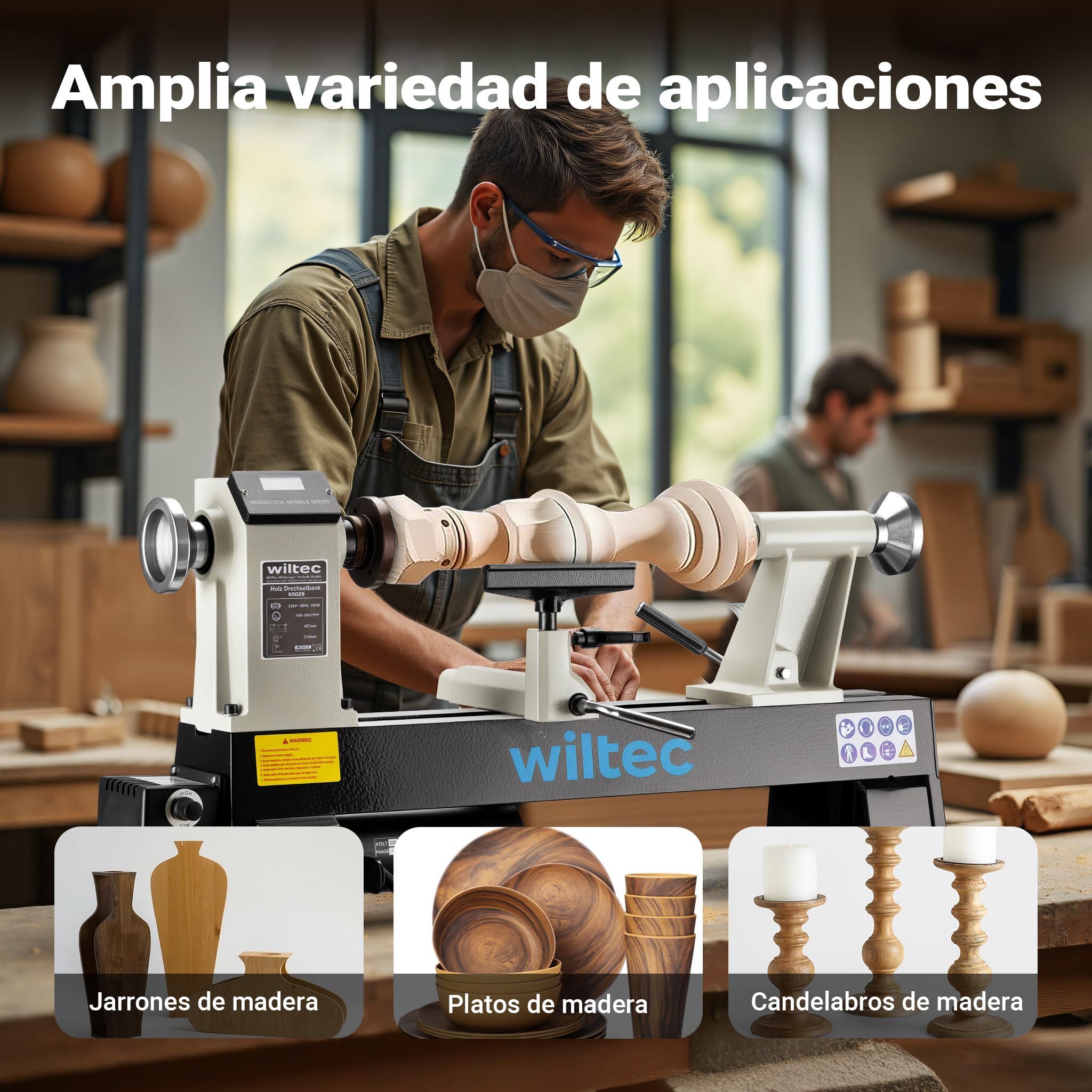 Wiltec Torno de madera 550 W velocidad variable 650-3800 rpm, máquina para madera con placa frontal, herramienta para tornear madera hasta 457 mm de largo