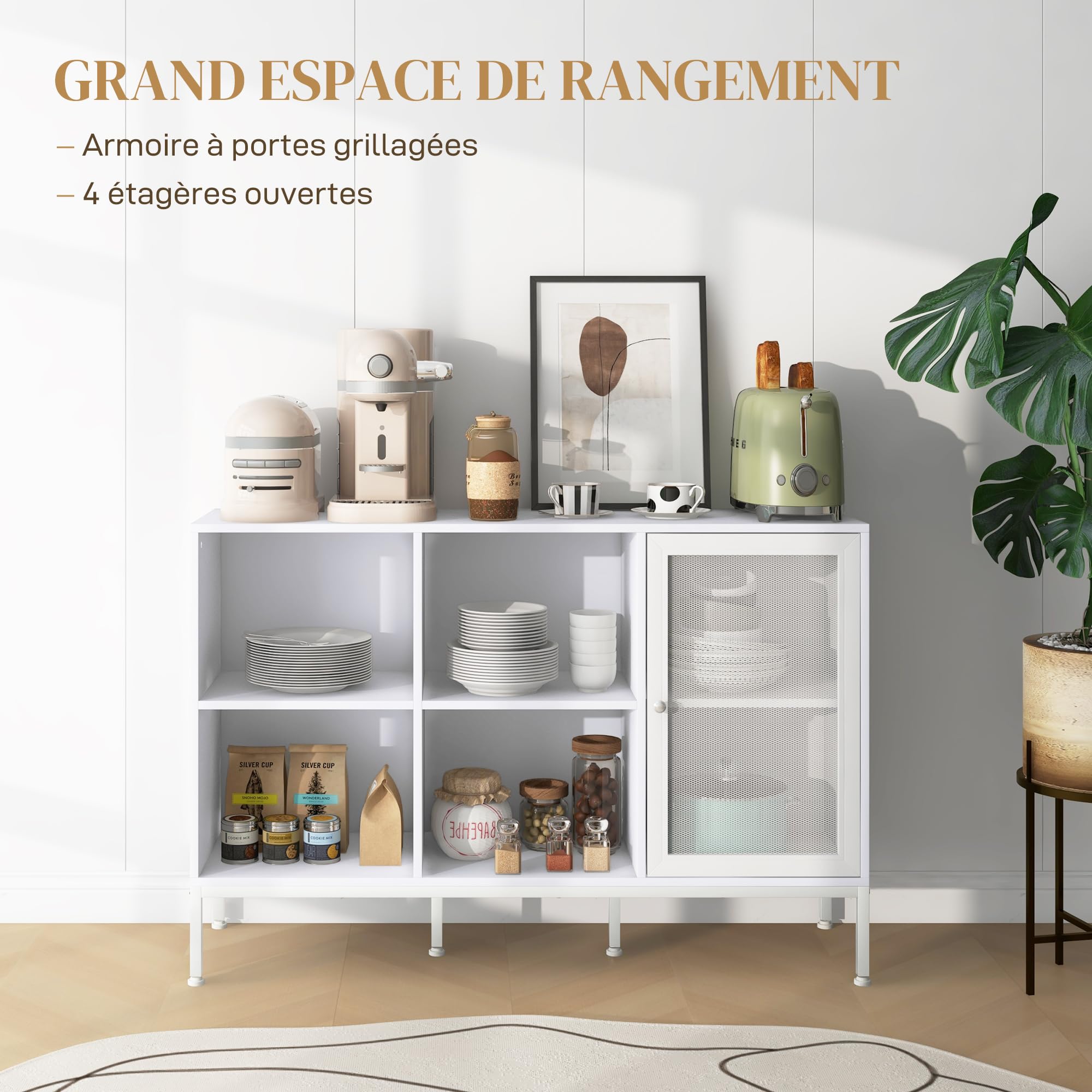 HOMCOM Aparador de Cocina Mueble Aparador con Puerta de Malla 4 Compartimentos Abiertos y Estante Ajustable Mueble de Cocina Moderno Bueffet para Salón Comedor 120x37x81,5 cm Blanco