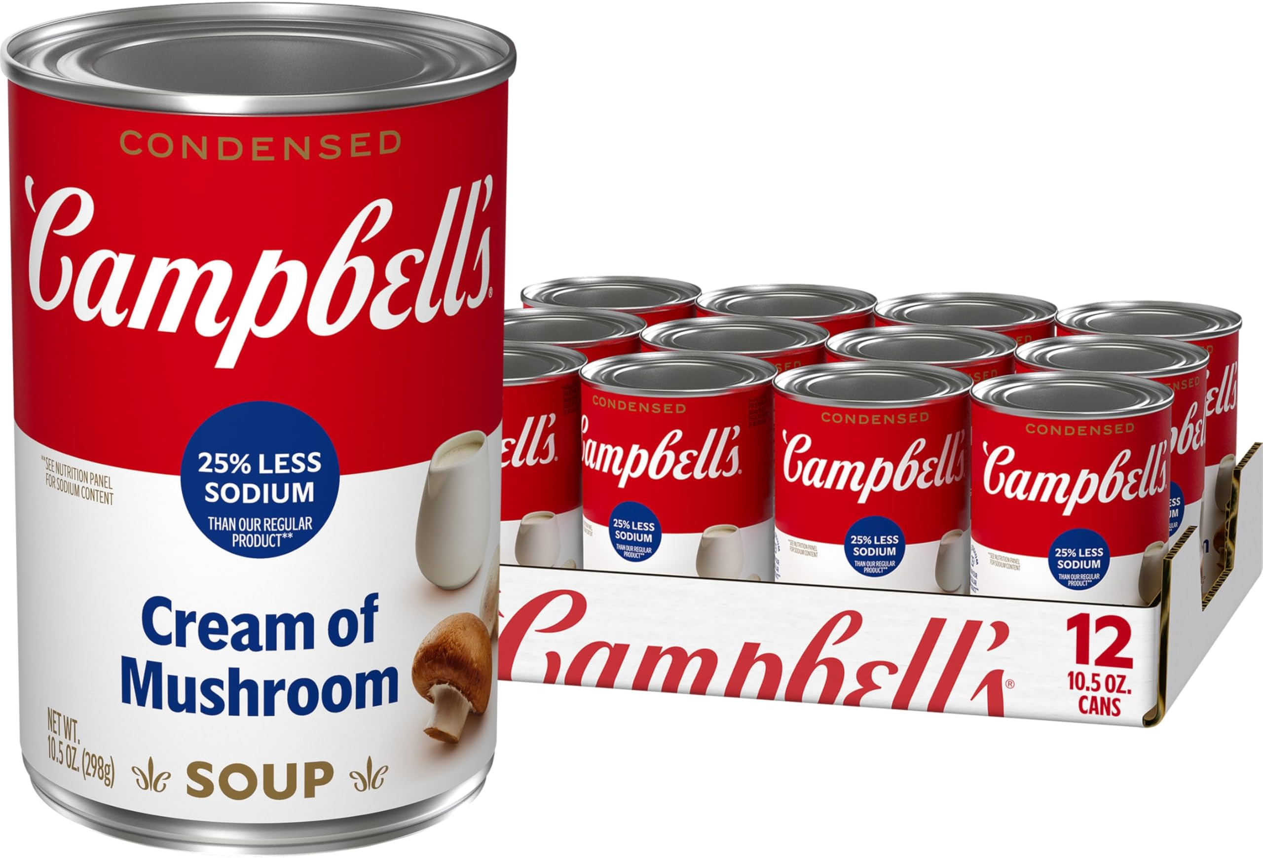 Campbell's Condensed 25% Less Sodium Cream of Mushroom Soup, 10.5 oz Can (12 Pack)