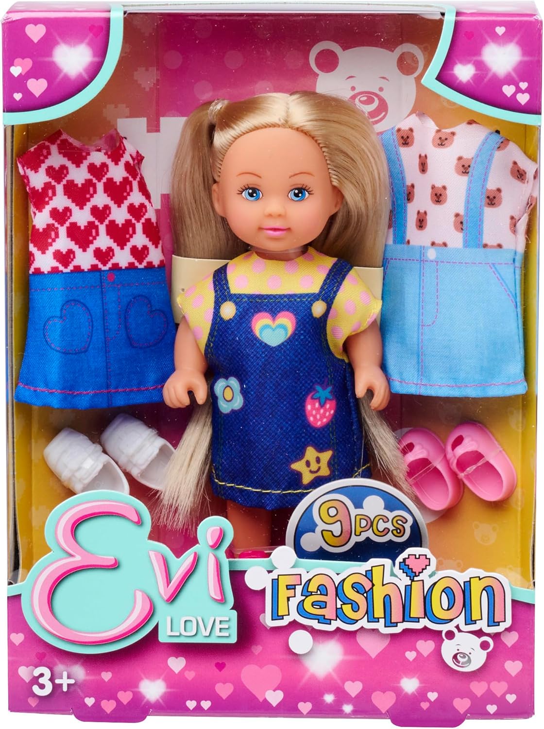 Simba Evi Love Fashion Play Doll with Pretty Denim Dress with Two Other Outfits, with Pretty Prints and Sneakers, 12 cm, Suitable for Ages 3 Years and Above
