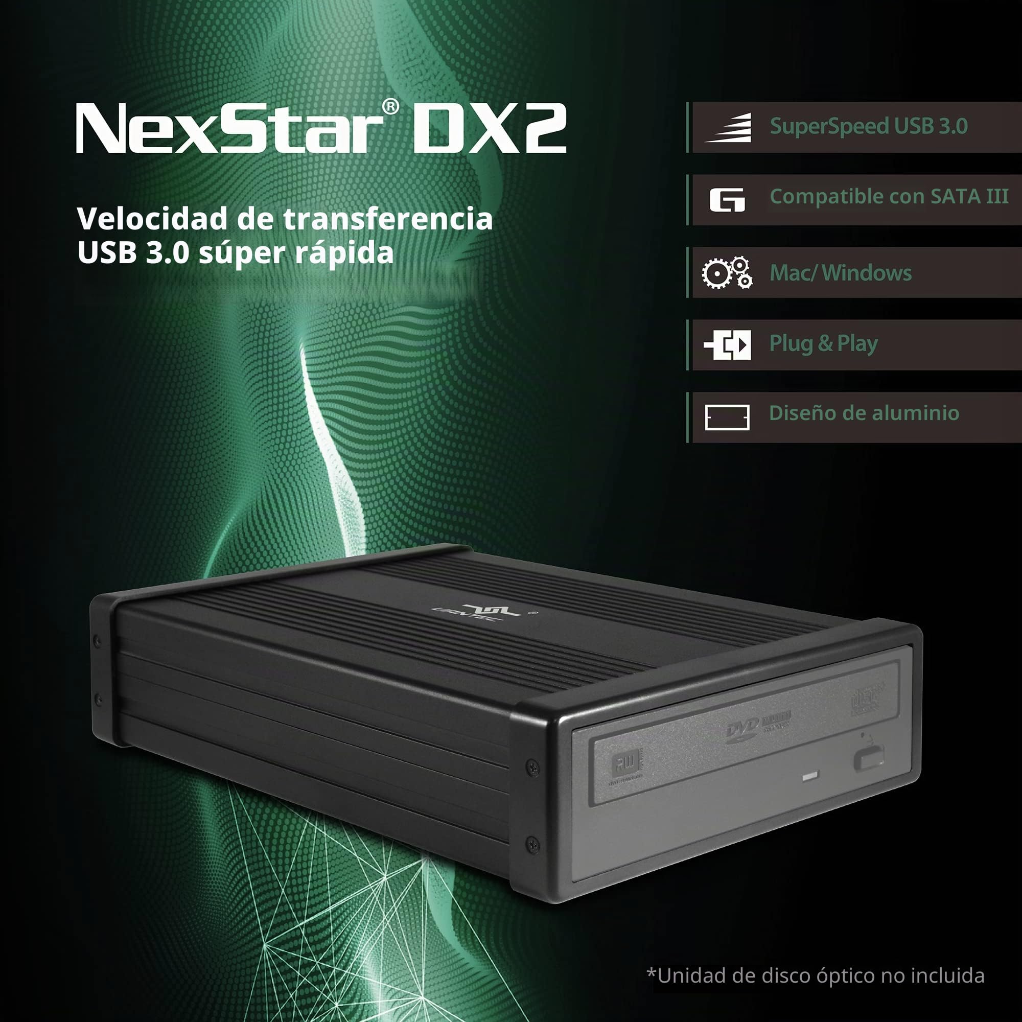 Vantec NexStar DX2 - Carcasa Externa USB 3.0 para Unidad BLU-Ray/CD/DVD SATA de 5.25 Pulgadas, Segunda generación de DX, no Necesita Controladores, aleación de Aluminio (NST-540S3-BK)