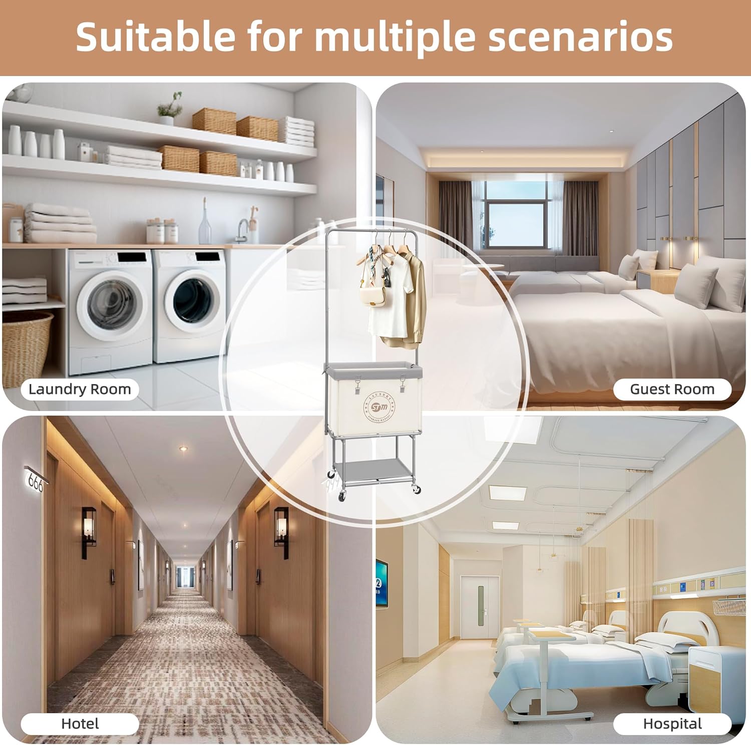 STORAGE MANIAC Rolling Laundry Cart with Hanging Bar & Storage Shelf, 110L Heavy Duty Large Laundry Basket with Clothes Hanging Rod, Study Clothes Hamper with Lockable Wheels, Beige