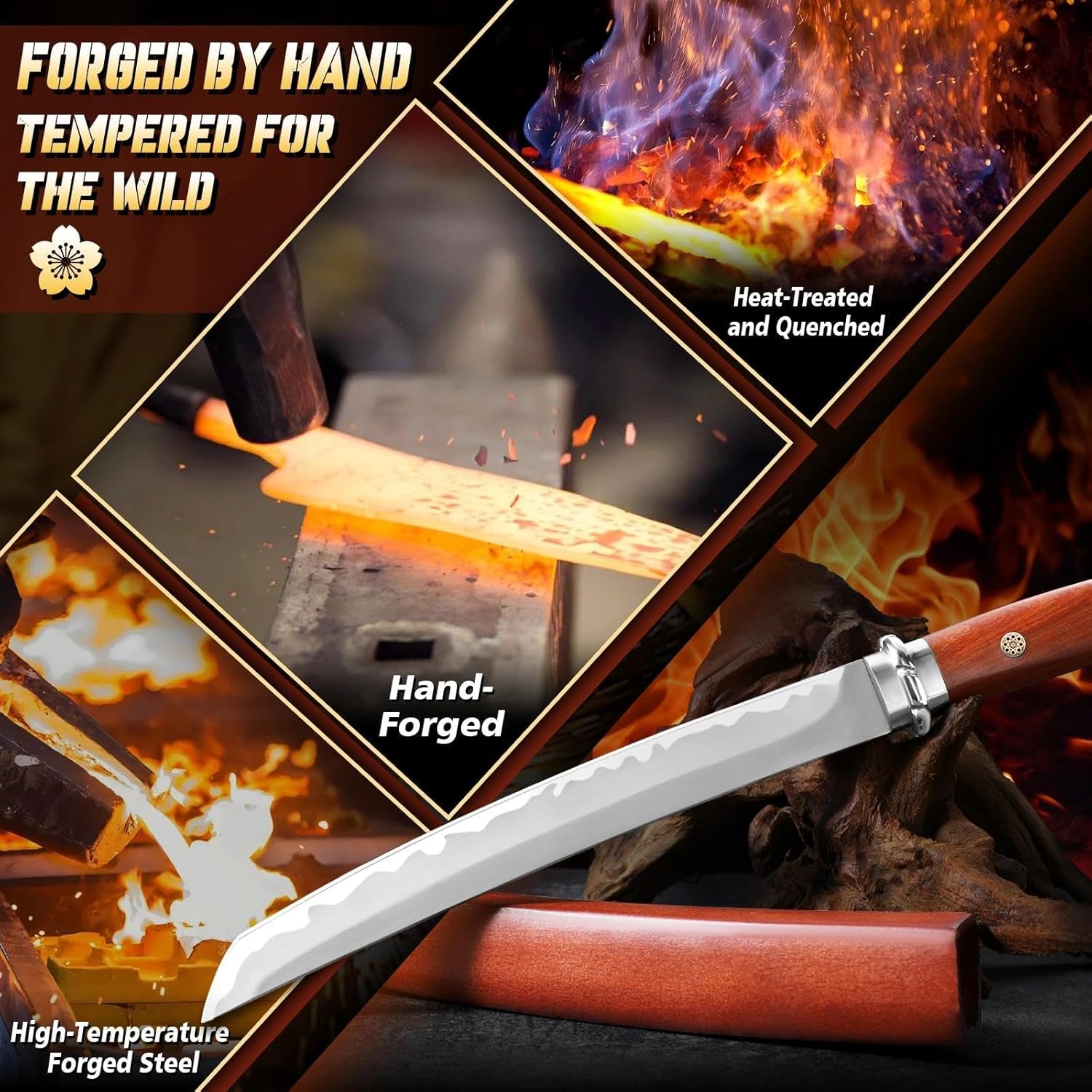 Dragon Creek Fixed Blade Knife - Plain Outdoor Survival Knife with Wooden Sheath Full Tang Handle for Camping Hiking Gift Men