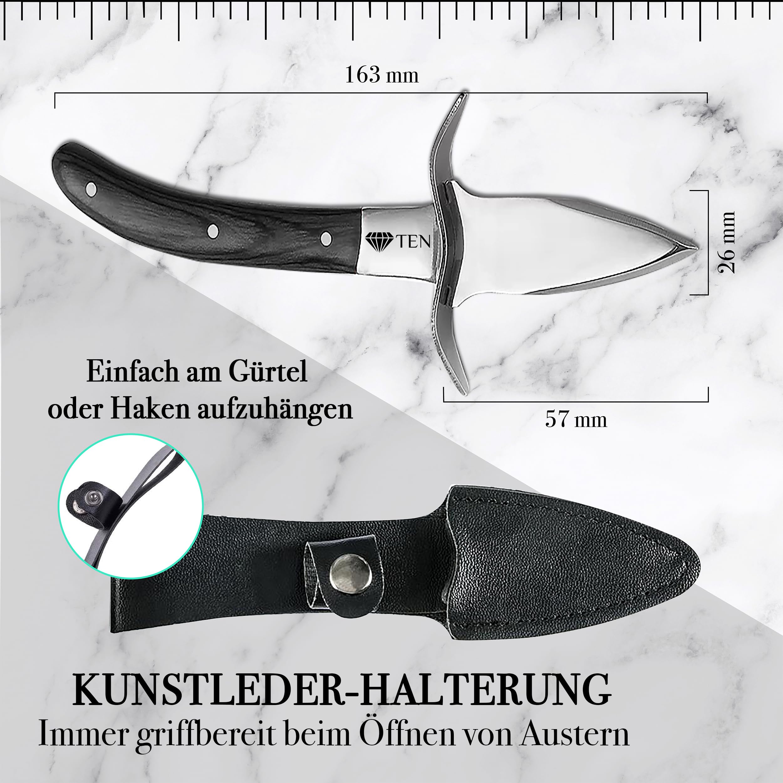 Ten® Geschenkset Austernmesser Schwarz mit RVS Austernhandschuh & Holz Austernhalter + 124 Austernrezepte - Geschenkverpackung