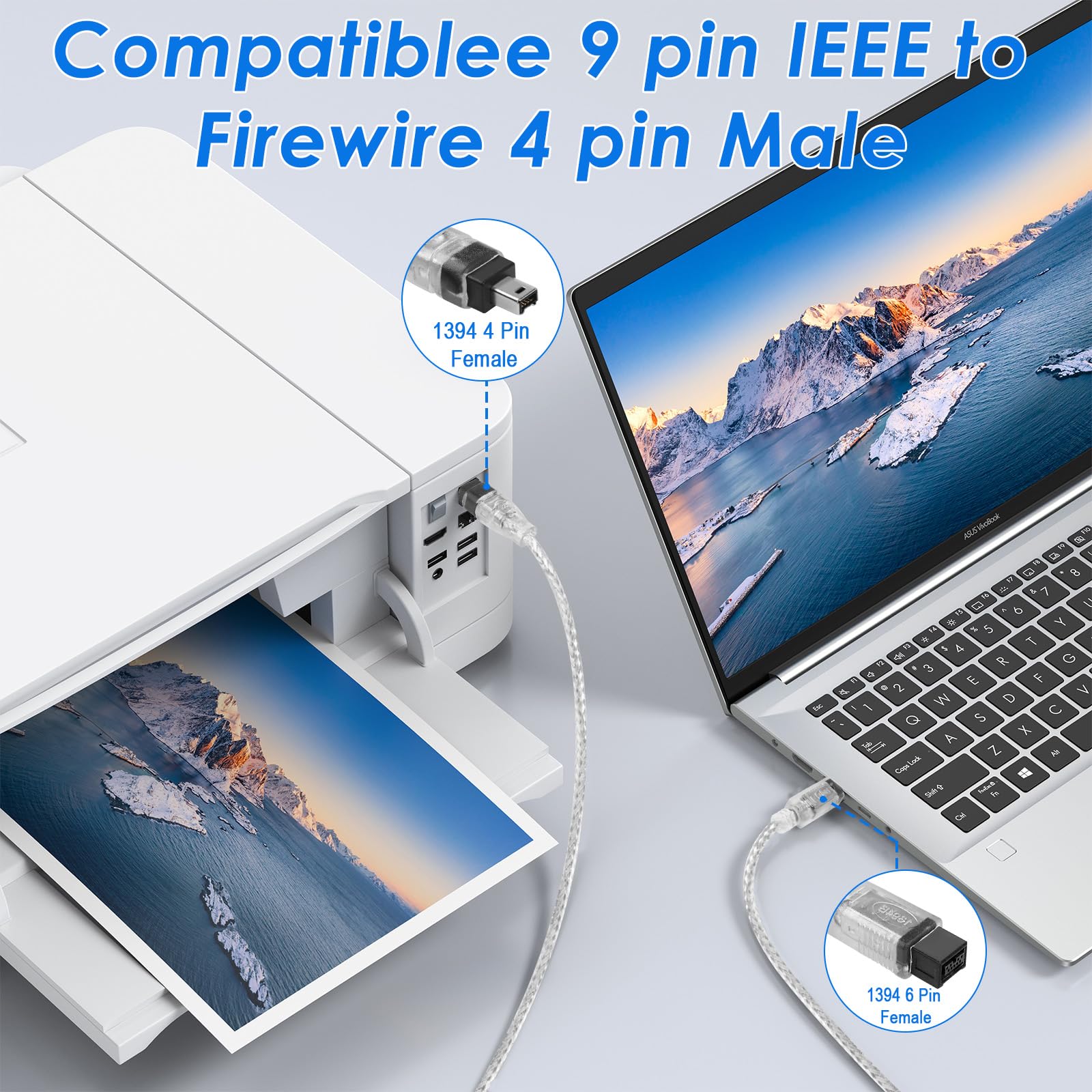 Herfair Câble FireWire IEEE 1394B, 9 broches vers 4 broches mâle vers mâle, adaptateur de transfert de données, convertisseur FireWire 400 DV iLink pour ordinateur portable vers caméscope, caméra DV