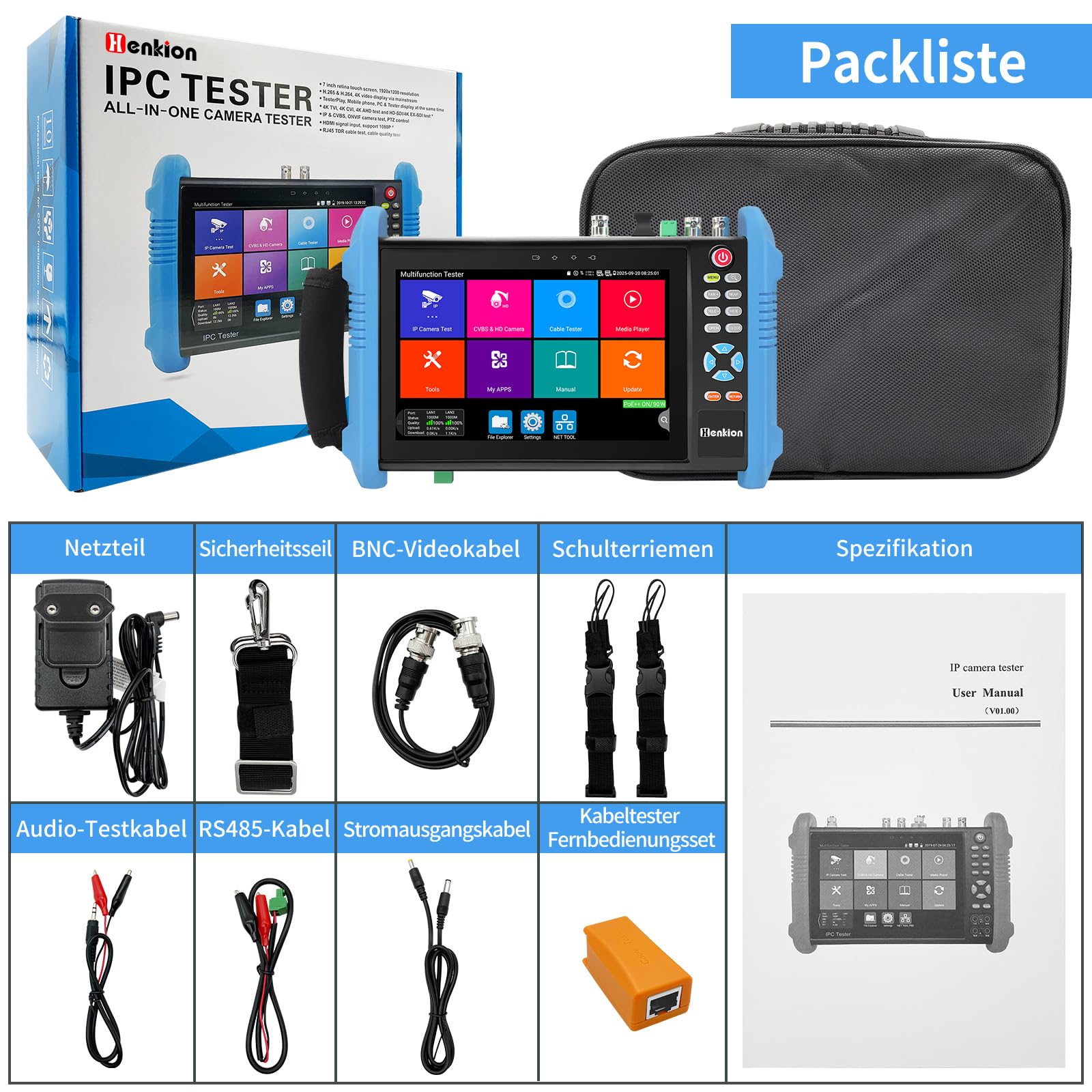 Henkion IPC-9800ADHS Pro CCTV-Kameratester 7-Zoll-IPS-Touchscreen-Monitor CCTV-Tester 8K IPC-Test und 4K 8MP HD-TVI CVI AHD SDI Kameratest IPC-Tester Netzwerk und Kabeltester POE SFP VGA WiFi RS485