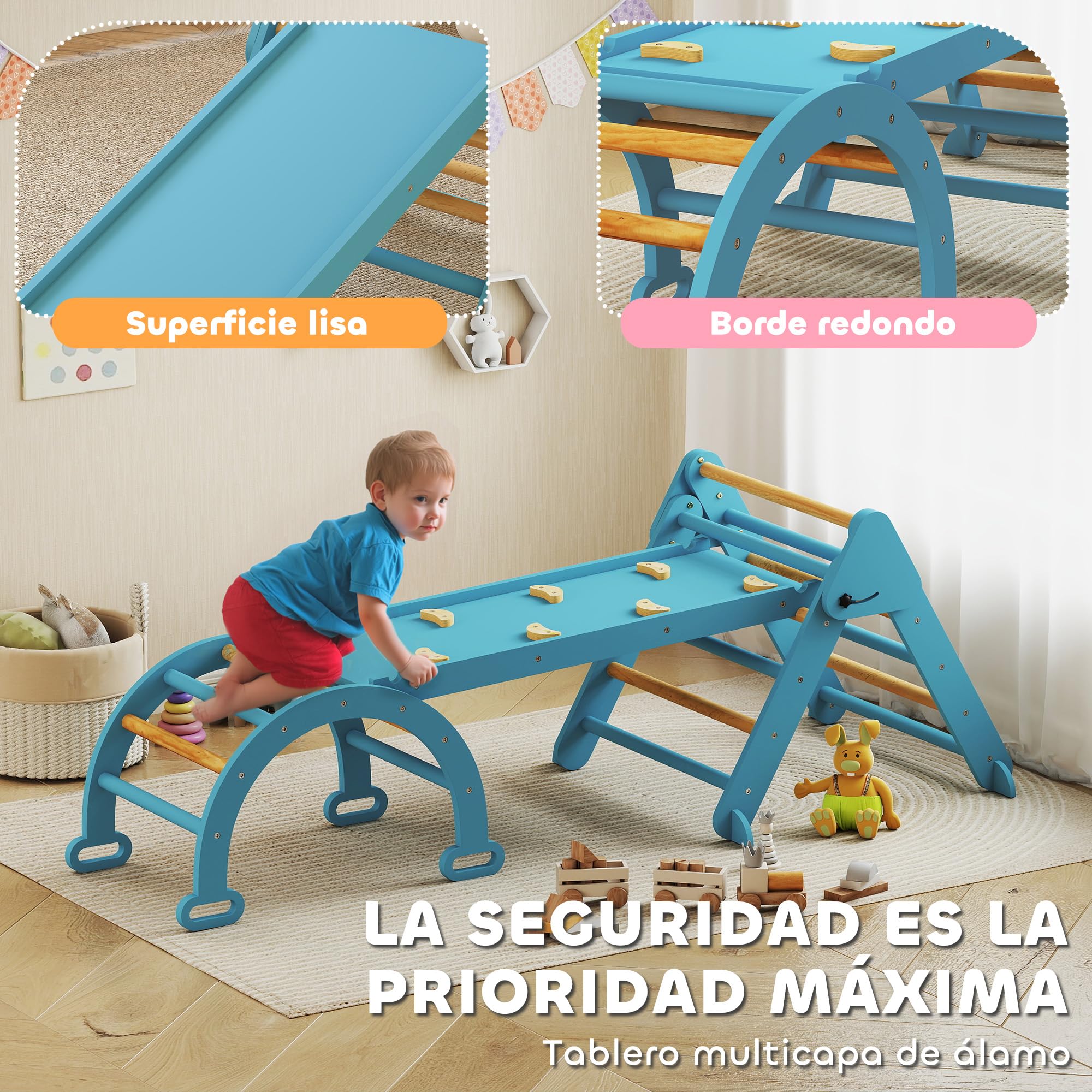 AIYAPLAY 7 en 1 Triángulo de Escalada Montessori con Arco y Rampa, Escalada para Niños de Madera Plegable, para 18-48 Meses, para Deslizarse o Escalar, 188x70 cm, Azul