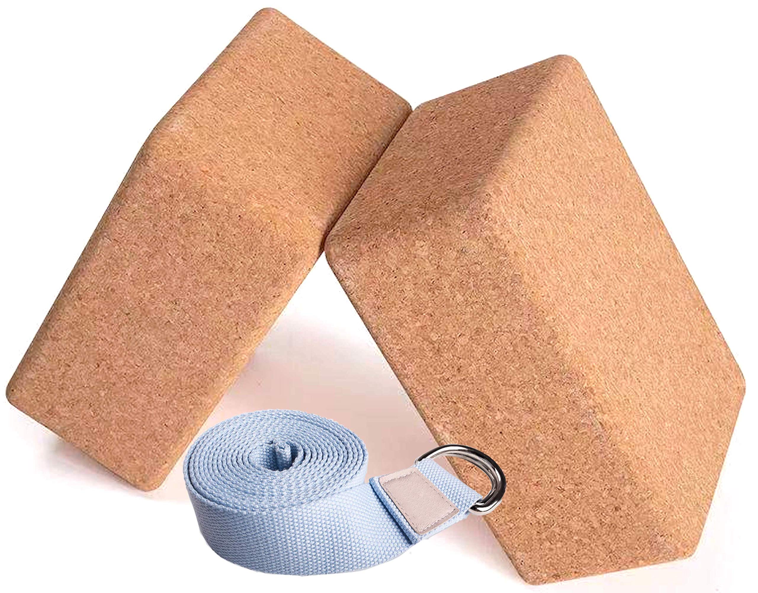 Cork Yoga Block 2 Pack 5 Styles- Plus 1x 100% Cotton Yoga Strap and with 14 Loops, 4X Latex Resistance Bands, 1x Carrying Bag, Professional Cork Yoga Equipment, More Comfortable and Durable