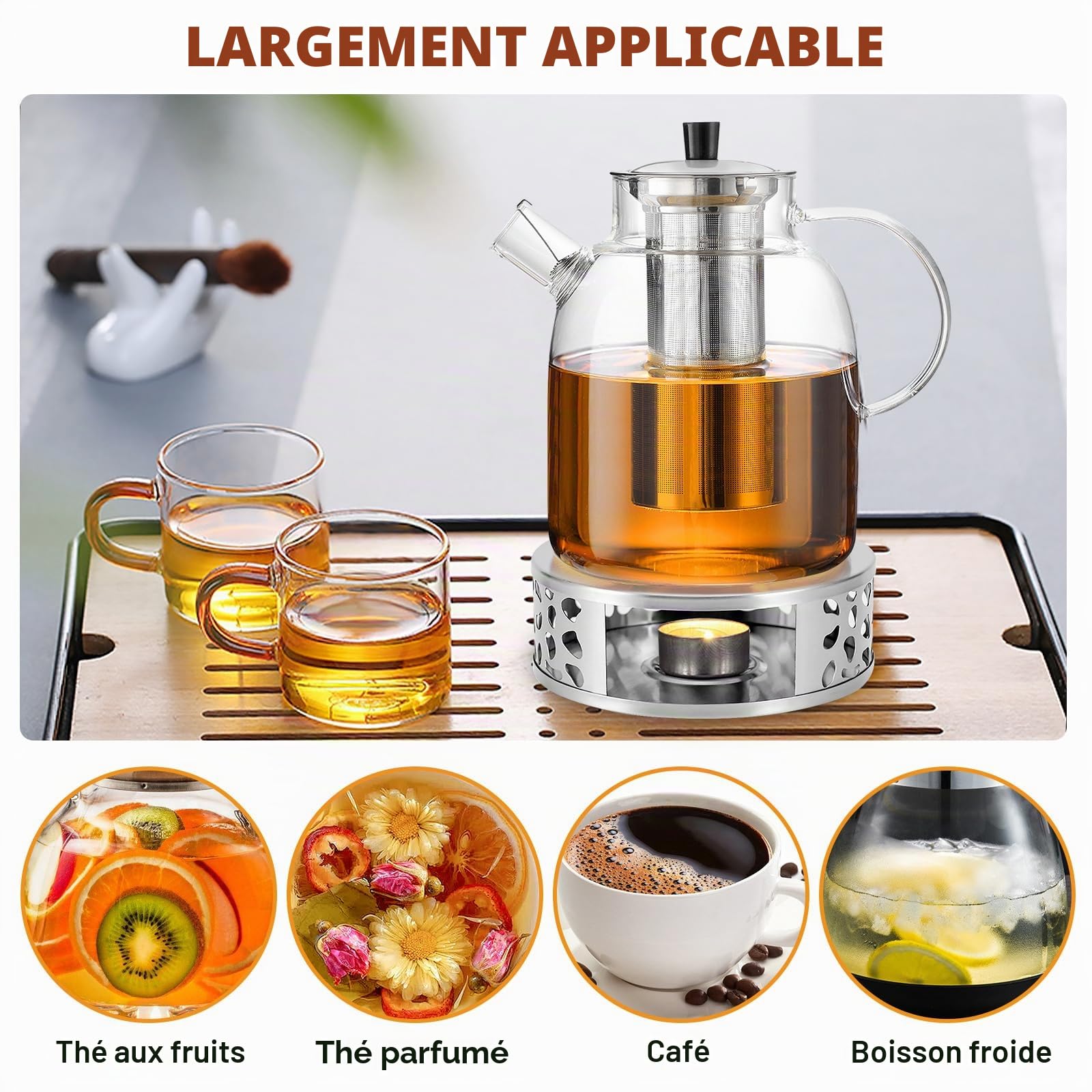 Théière en verre de 1,8 L avec infuseur et chauffe-plat, théière en verre avec infuseur en acier inoxydable et sous-verre de maintien au chaud, théière résistante à la chaleur pour thé en vrac et