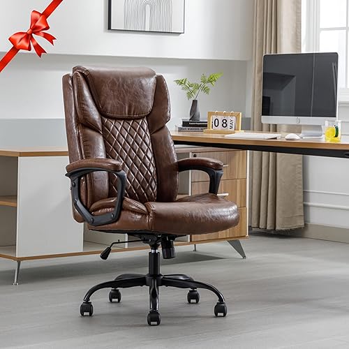 DYHOME Silla de oficina ergonómica con respaldo alto, silla de escritorio de cuero marrón, cómoda silla ejecutiva para oficina en casa, silla