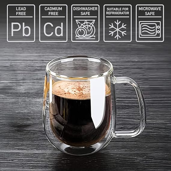 Volarium CRYSTALIA Double Walled Cappuccino Glasses 250ml Set of 4, 100% Lead Free Double Walled Coffee Cup, Insulated Espresso Coffee Mugs, Borosilicate Glass Macchiato Cups with Handle