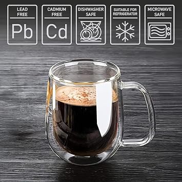 Volarium CRYSTALIA Double Walled Cappuccino Glasses 250ml Set of 4, 100% Lead Free Double Walled Coffee Cup, Insulated Espresso Coffee Mugs, Borosilicate Glass Macchiato Cups with Handle