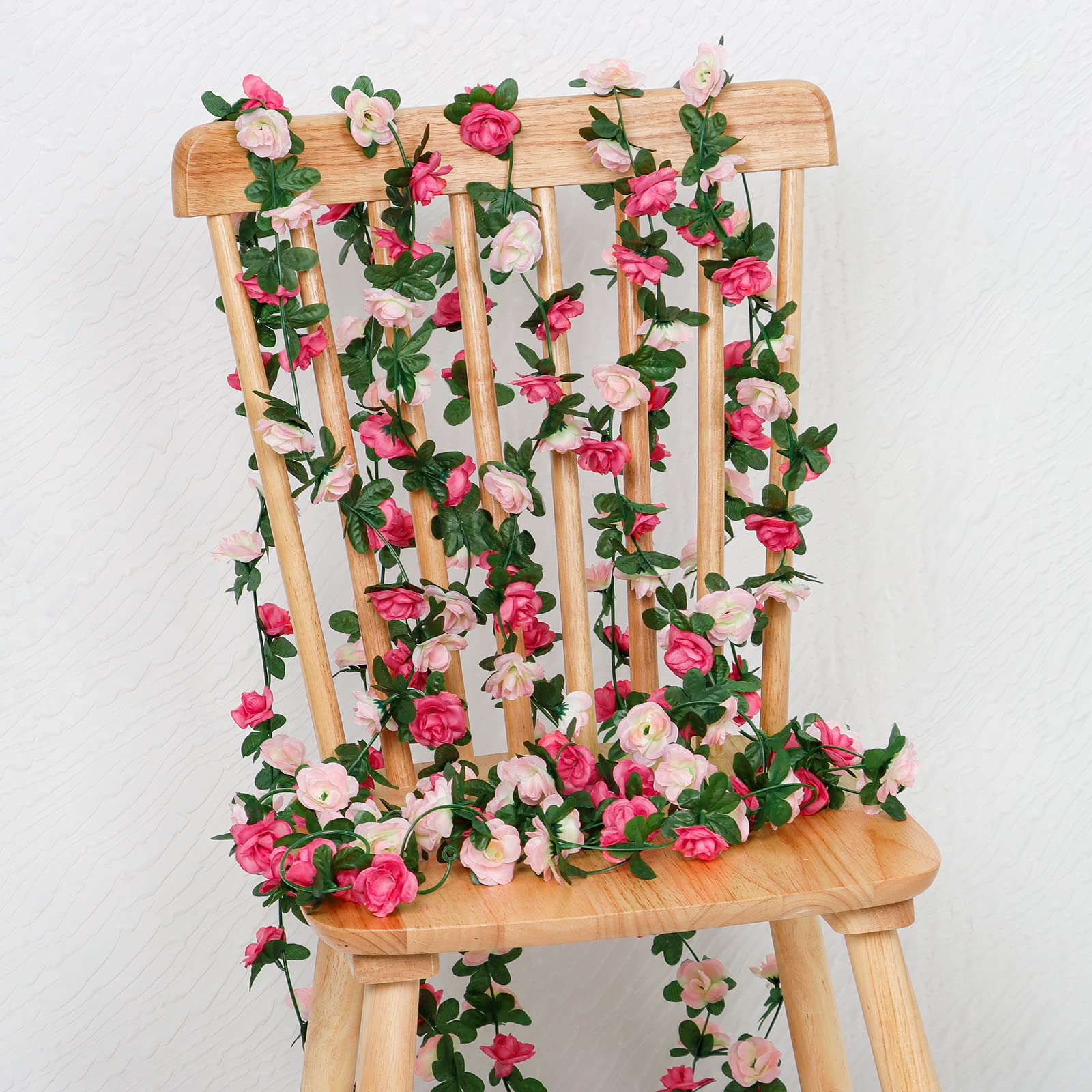 Weldomcor 5 Pezzi da 2,45 m Artificiale Ghirlanda di Fiori Rose Rosa Viti Fiori di Seta Appesa Rattan Ghirlanda All'aperto Decorazione Per Arco di nozze Camera da Letto Casa Giardino Decorazione