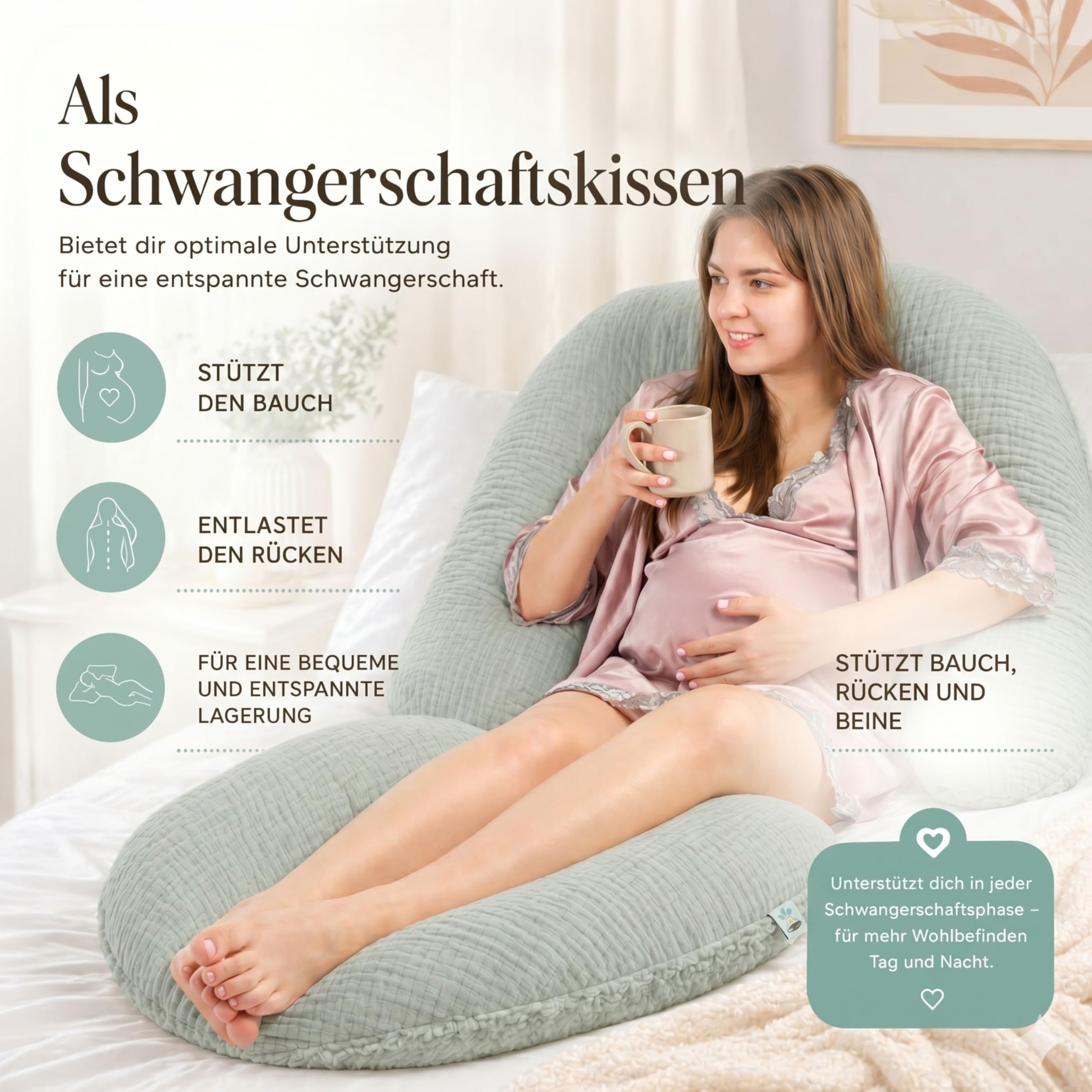 Sei Design Cojín de Lactancia XXL ergonómico, 190 x 30 cm, cojín de Embarazo, cojín cómodo para Adultos | Nestchen recién Nacidos, cojín con Funda 100% algodón