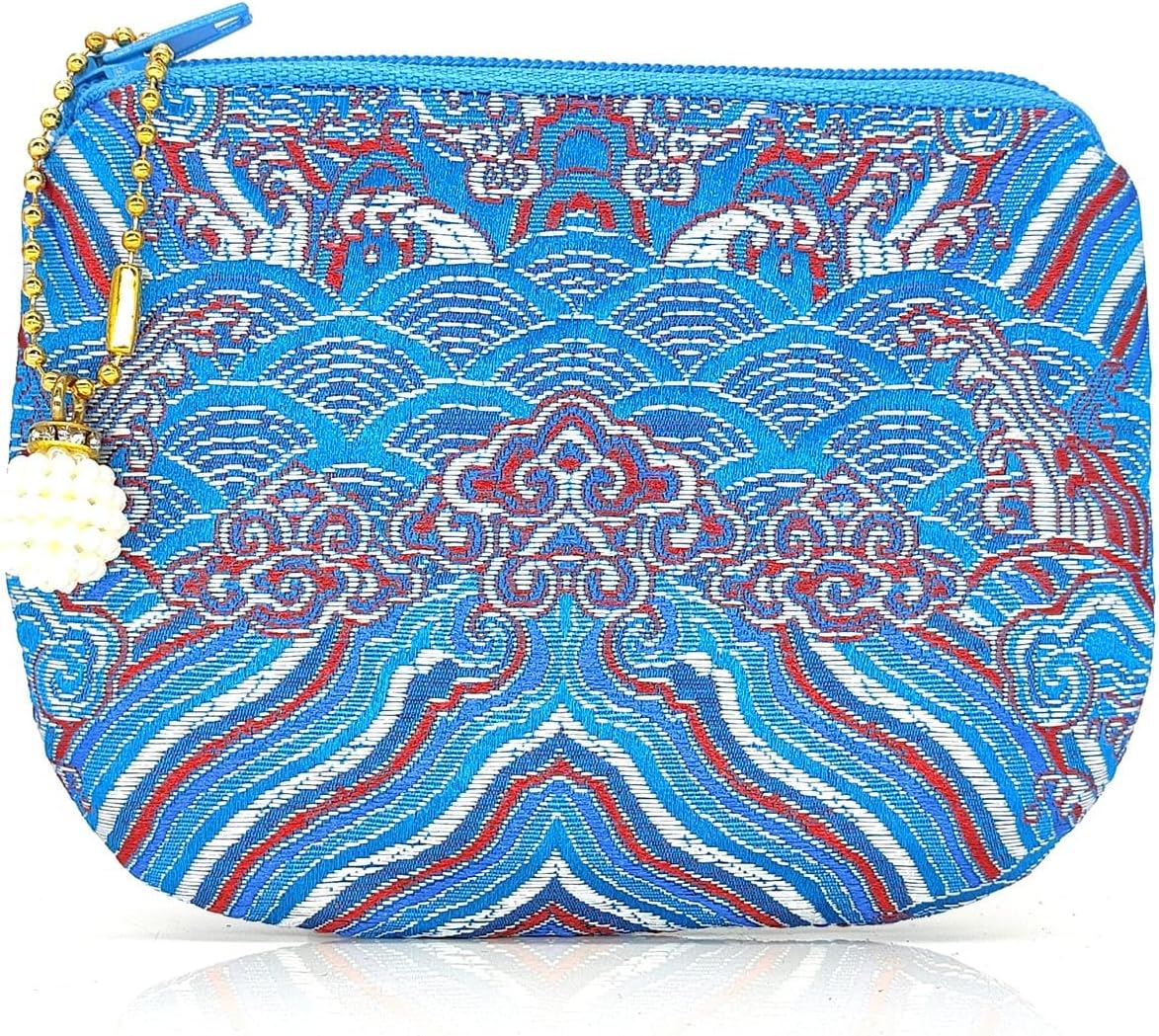 Handmade Jewelry Pouch Women Coin Purse Brocade Zipper Wallet Silk Rosary Bag - SkyBlue