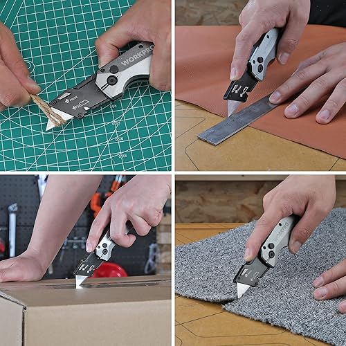 Miniatura 9 de WORKPRO Cuchillo utilitario plegable, metal resistente, cortador de caja de bloqueo de eje de apertura rápida, cuchillo de afeitar de hoja de cambio