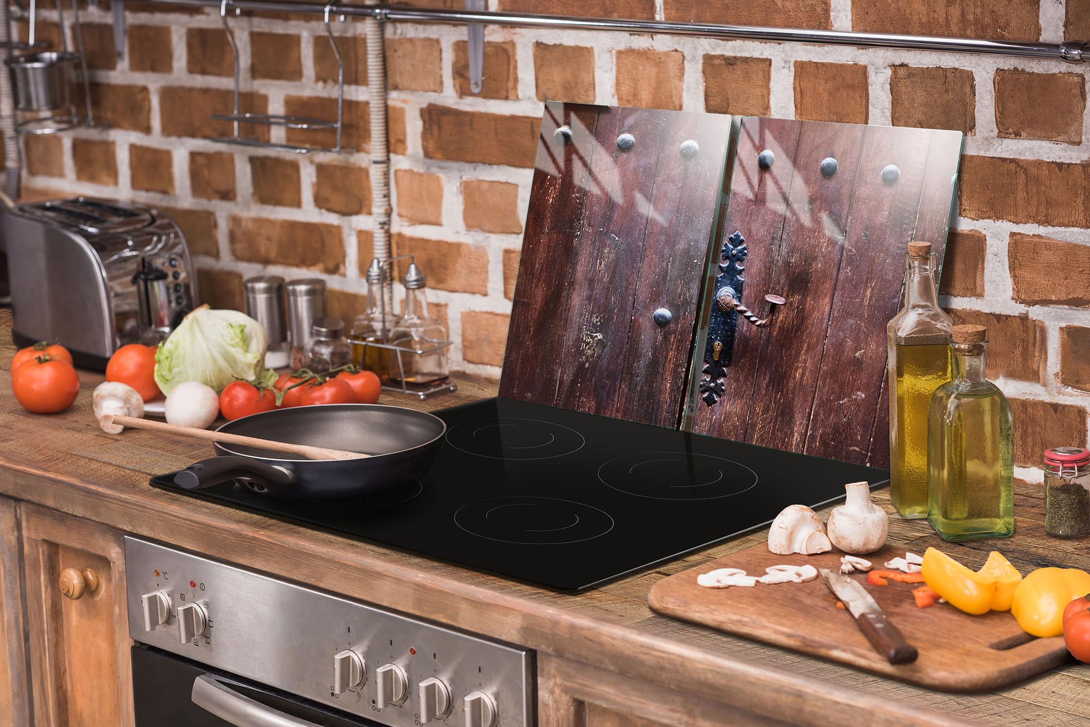TMK ArtDeko Herdabdeckplatten Set 70 x 52 cm Ceranfeld Abdeckung Glas Spritzschutz Abdeckplatte Glasplatte Herd Ceranfeldabdeckung Deko Schneidebrett, Holz