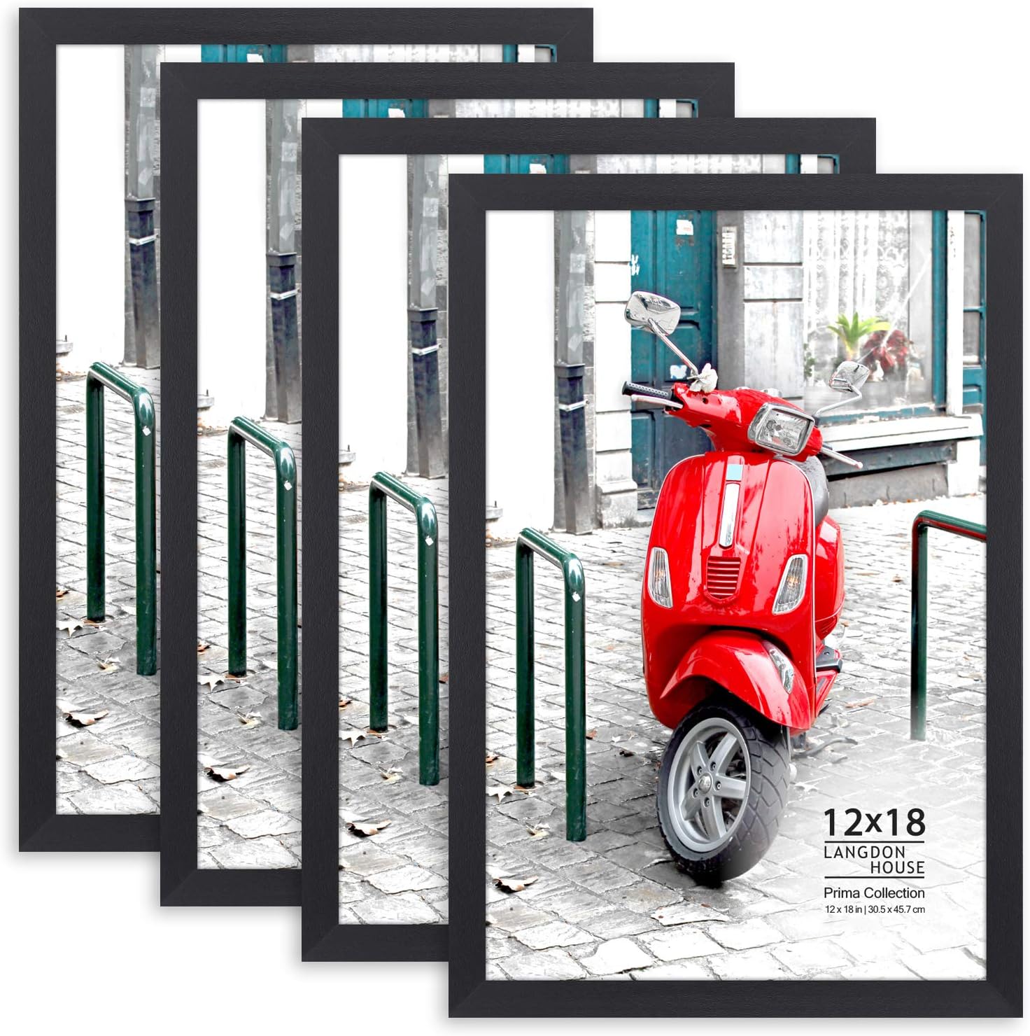 Langdon House 12x18 Poster Frame (Black, 4 Pack), Gallery Picture Frame, Sturdy Wood Composite, Wall Mount Hooks Included, Prima Collection