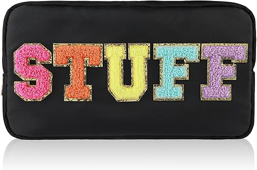 Miniatura 1 de WLLHYF Bolsa de maquillaje estilo preppy parche de lona bolsa de cosméticos impermeable portátil bolsa de cosas doble capa bronceador bordado