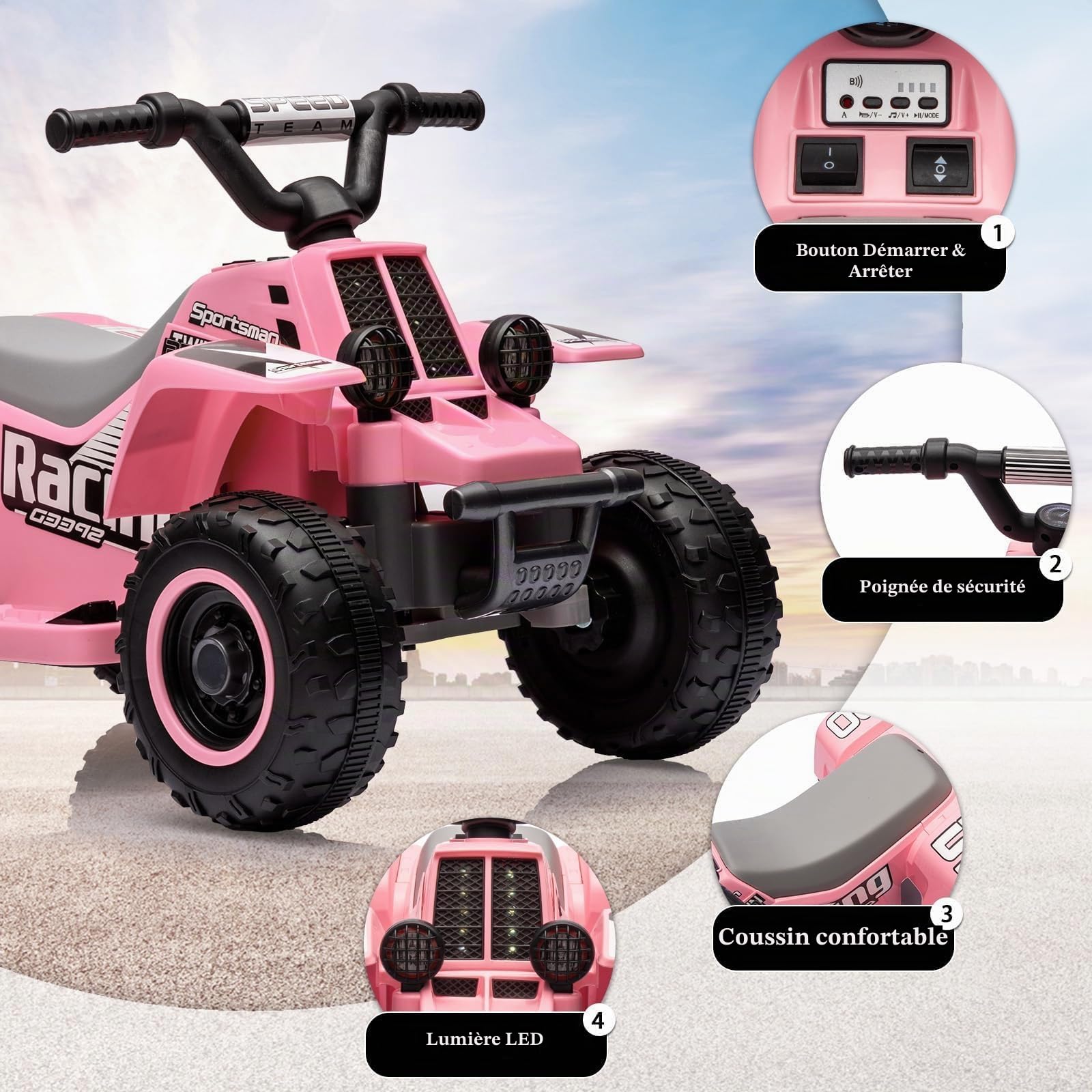 Quad Électrique pour Enfants 6V, ATV Électrique avec Klaxon, LED et Musique, Voiture Électrique à Monter avec Vitesse 3,5 km/h, Charge 25 kg, pour Enfants 3+ Ans, Rose