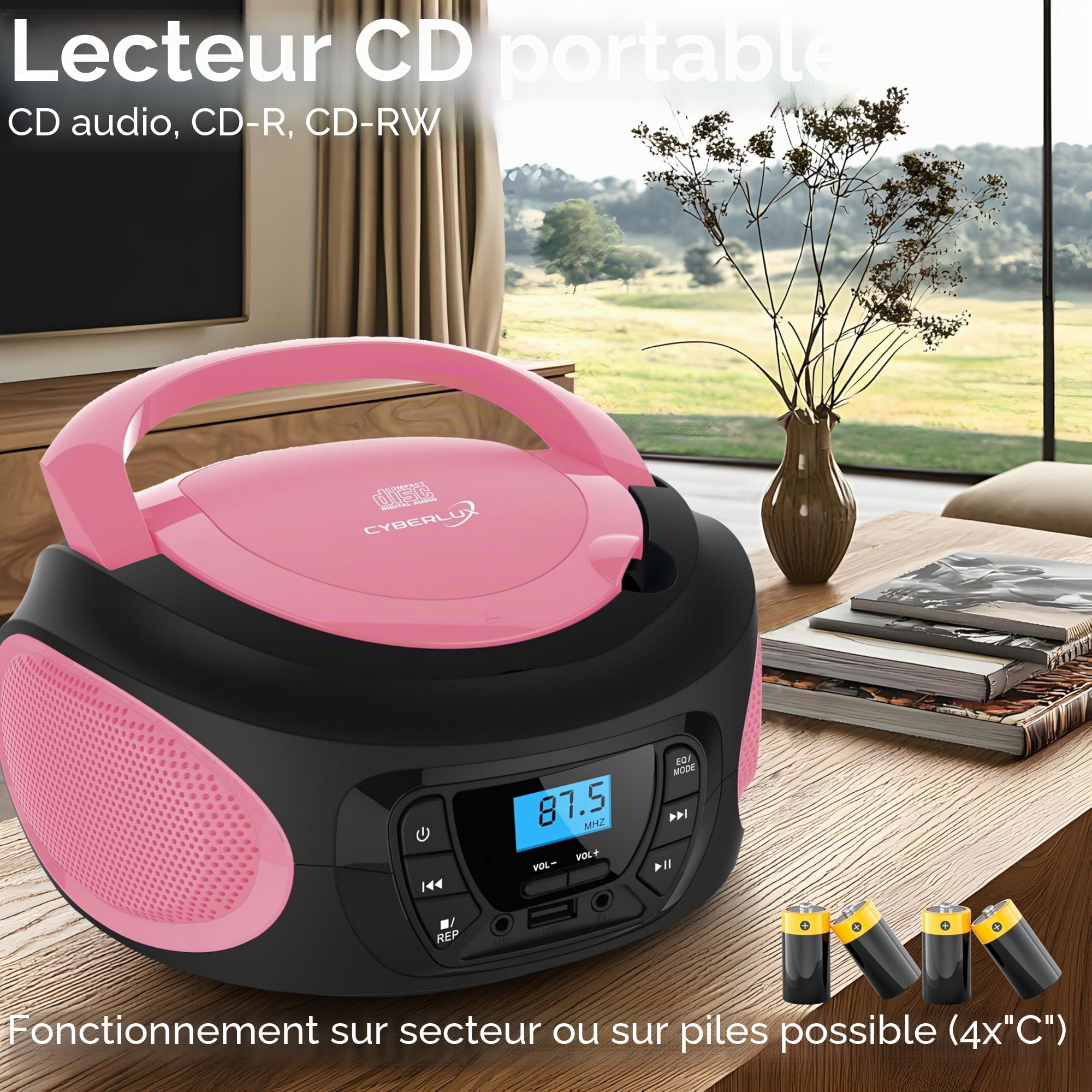 Boombox - Lecteur CD portable - CD/CD-R - USB - Radio FM enfants - Entrée AUX-IN - Prise casque - Chaîne stéréo - Système compact - Rose vif (Pretty Pink)