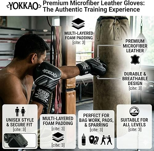 Miniatura 3 de Yokkao Muay Thai - Guantes esenciales para principiantes, hombres y mujeres, de piel de microfibra, acolchado de espuma multicapa y ajuste seguro