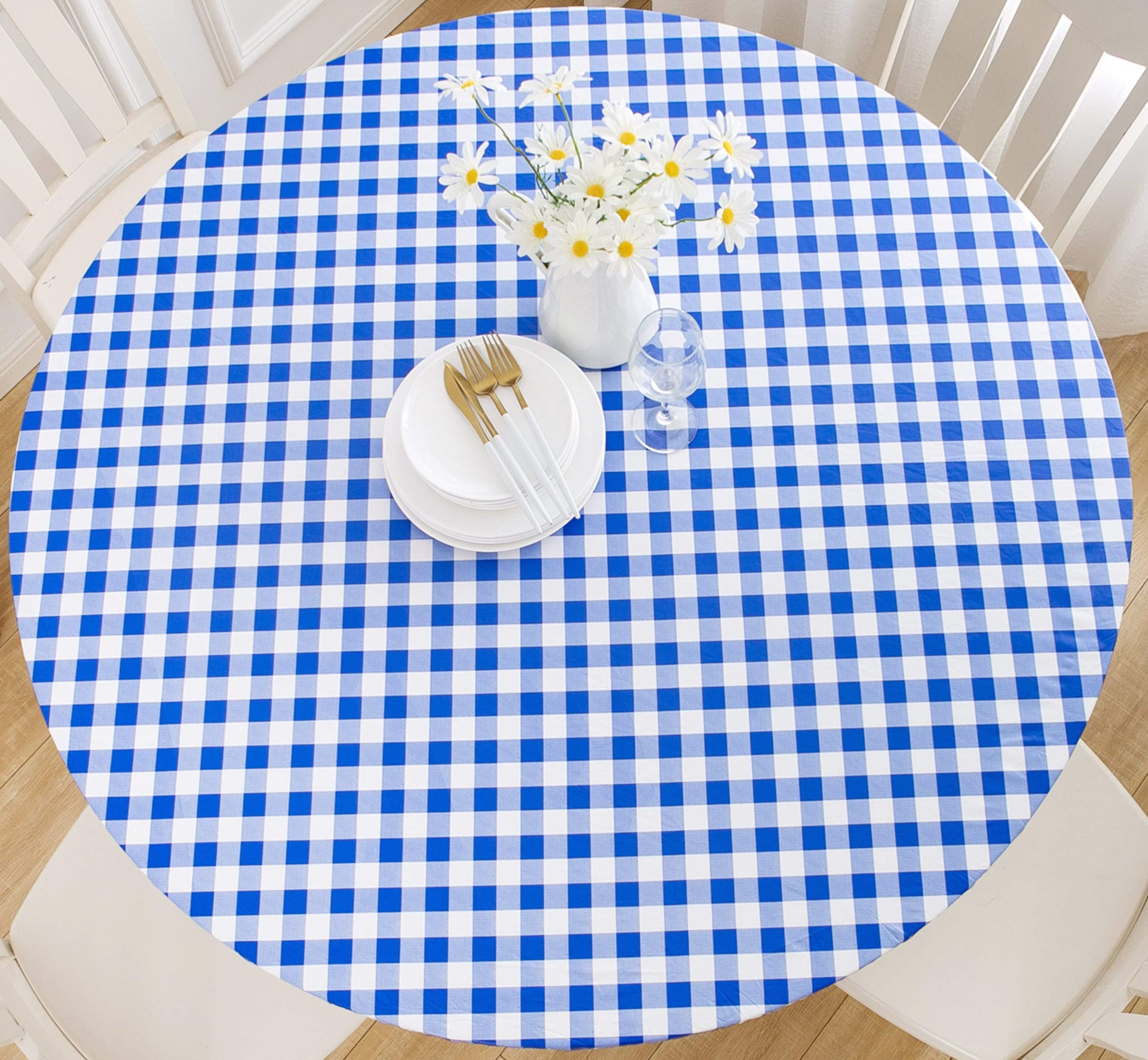 Rally Home Goods Indoor Outdoor Patio Round Fitted Vinyl Tablecloth, Flannel Backed & Elastic Edge, Oil & Waterproof Wipeable, Blue-White Gingham Plaid Check Plastic for 5-Seat Table of 36-44’’ Diam