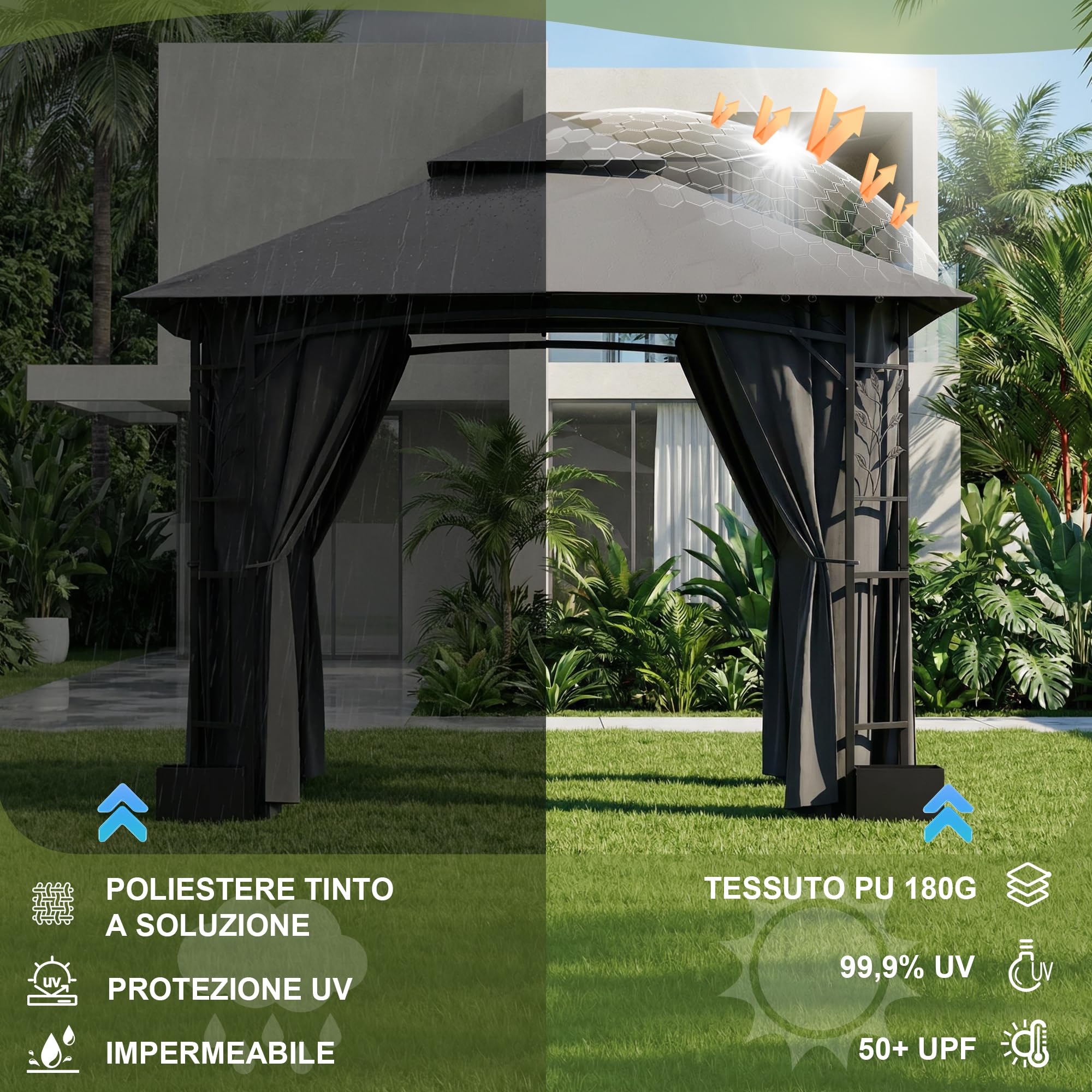 Devoko Gazebo Esterno Resistente 3.3x3.3 m con 4 Vasi per Fiori - Gazebo da Giardino in a Doppio Tetto Aerato, Struttura Fogliata, Tende Rimuovibili, Protezione UV & Impermeabile per Esterno