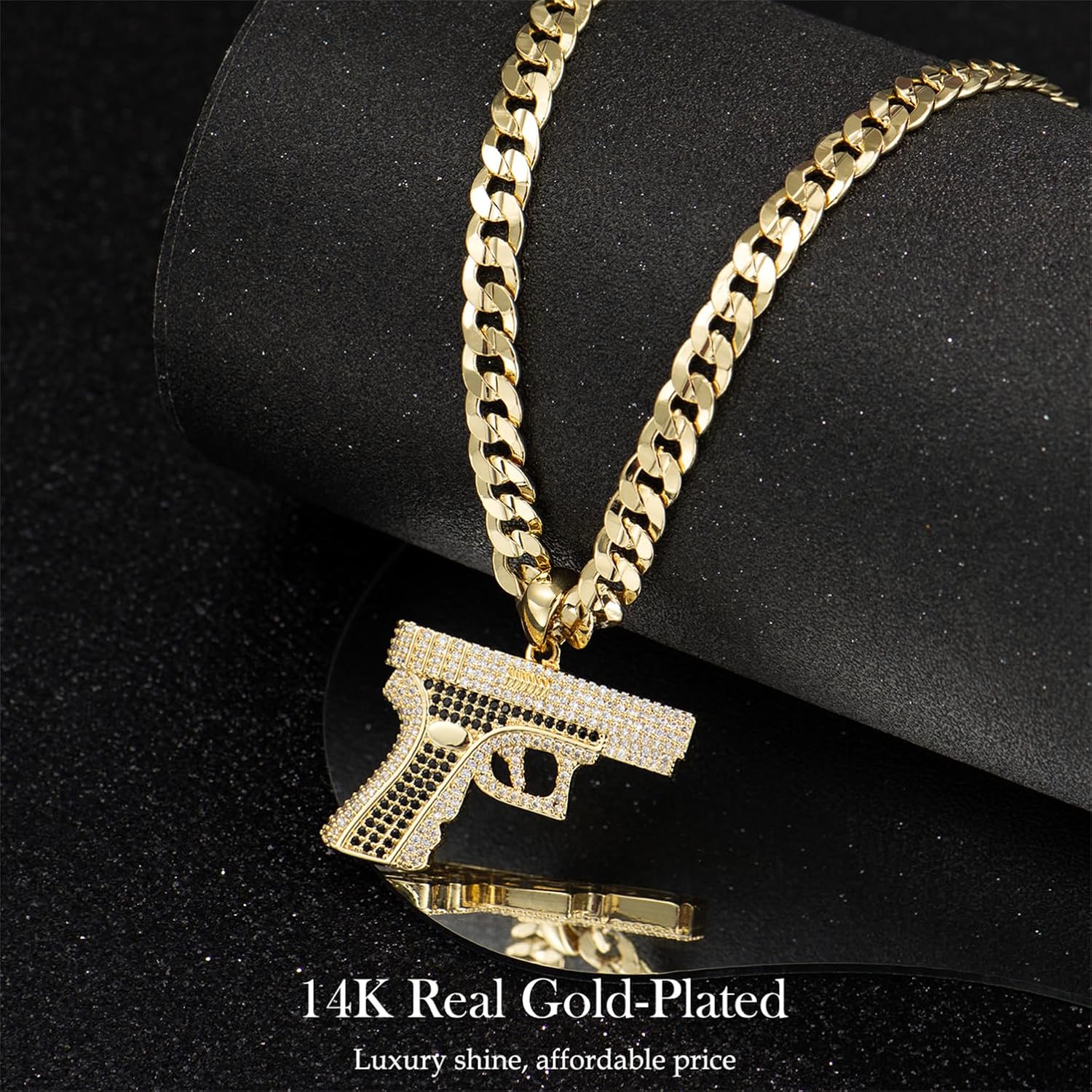 14K Real Gold-Plated Gun Pendant Necklace with AAAA CZ Diamonds, Streetwear Cuban and Rope Chain Jewelry, Bling Accessories Gift for Him, Men's Iced Out Hip Hop Chain
