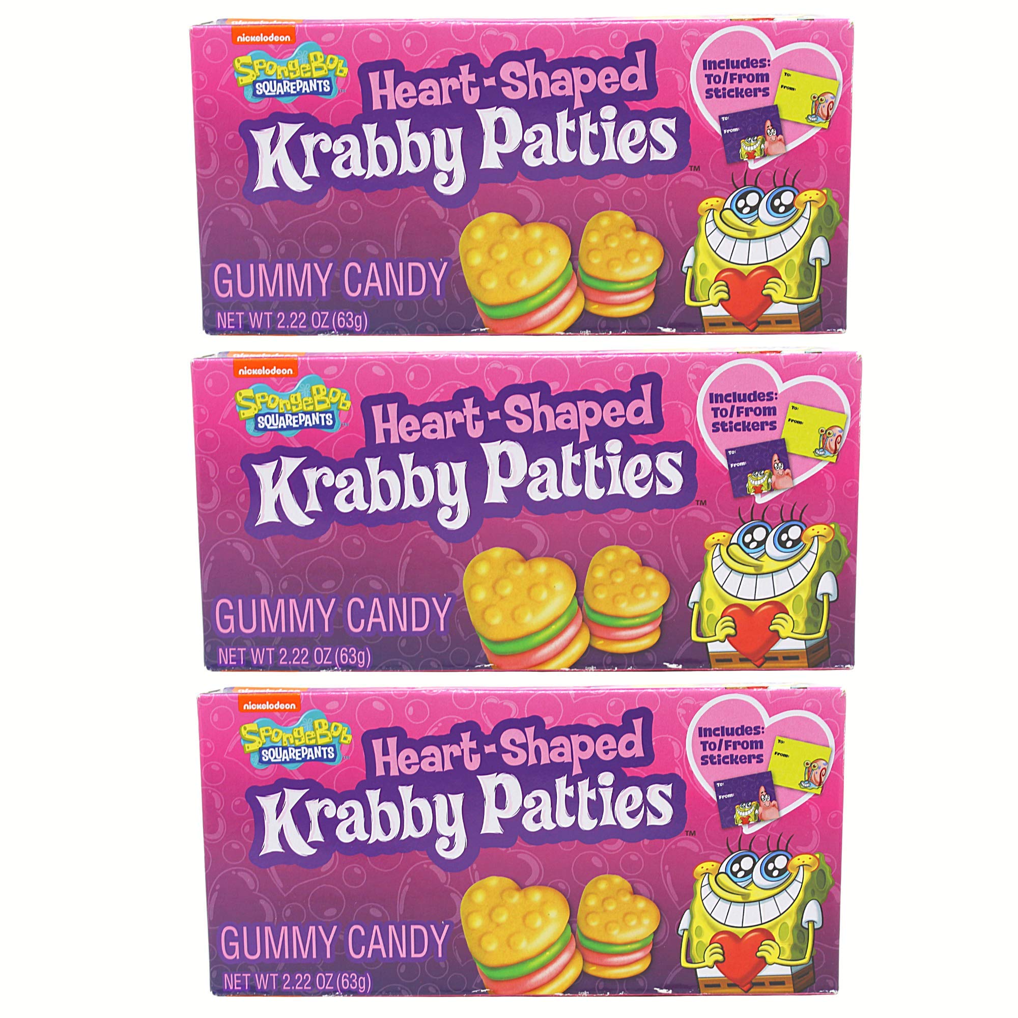 SpongeBob SquarePants Heart-Shaped Krabby Patties, Valentine's Day Gummy Candy Gift with To/From Stickers, Pack of 3