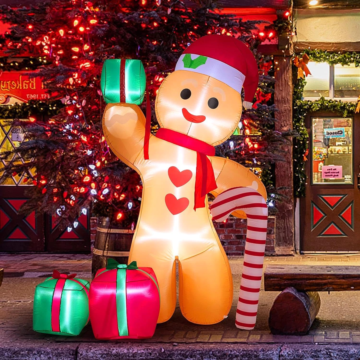 MODMA Giant 8Ft LED Lighted Inflatable Gingerbread Man with Candy Cane, Santa Hat & Gift Boxes - Durable Outdoor Christmas Yard Decoration