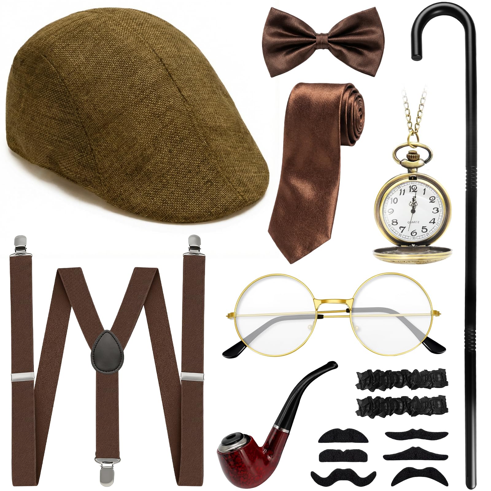 1920s Men's Accessories, 16PCS 1920 Fancy Dress for Men Fedora Hat, Pocket Watch, Bow Tie, Beard Set, Suspenders, Glasses
