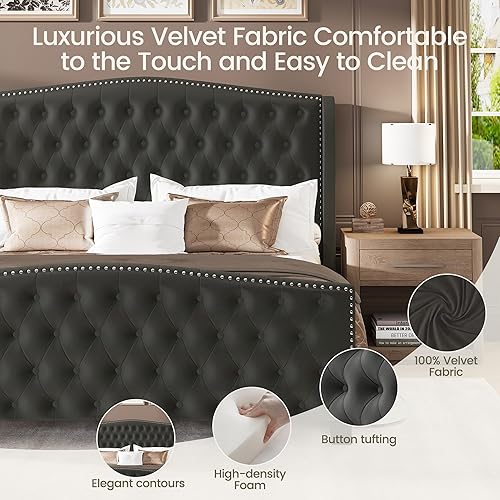 Miniatura 5 de LARMACE Base de cama tamaño King con plataforma tapizada de terciopelo con cabecera con respaldo de alas y pie de cama, base de cama capitoné con