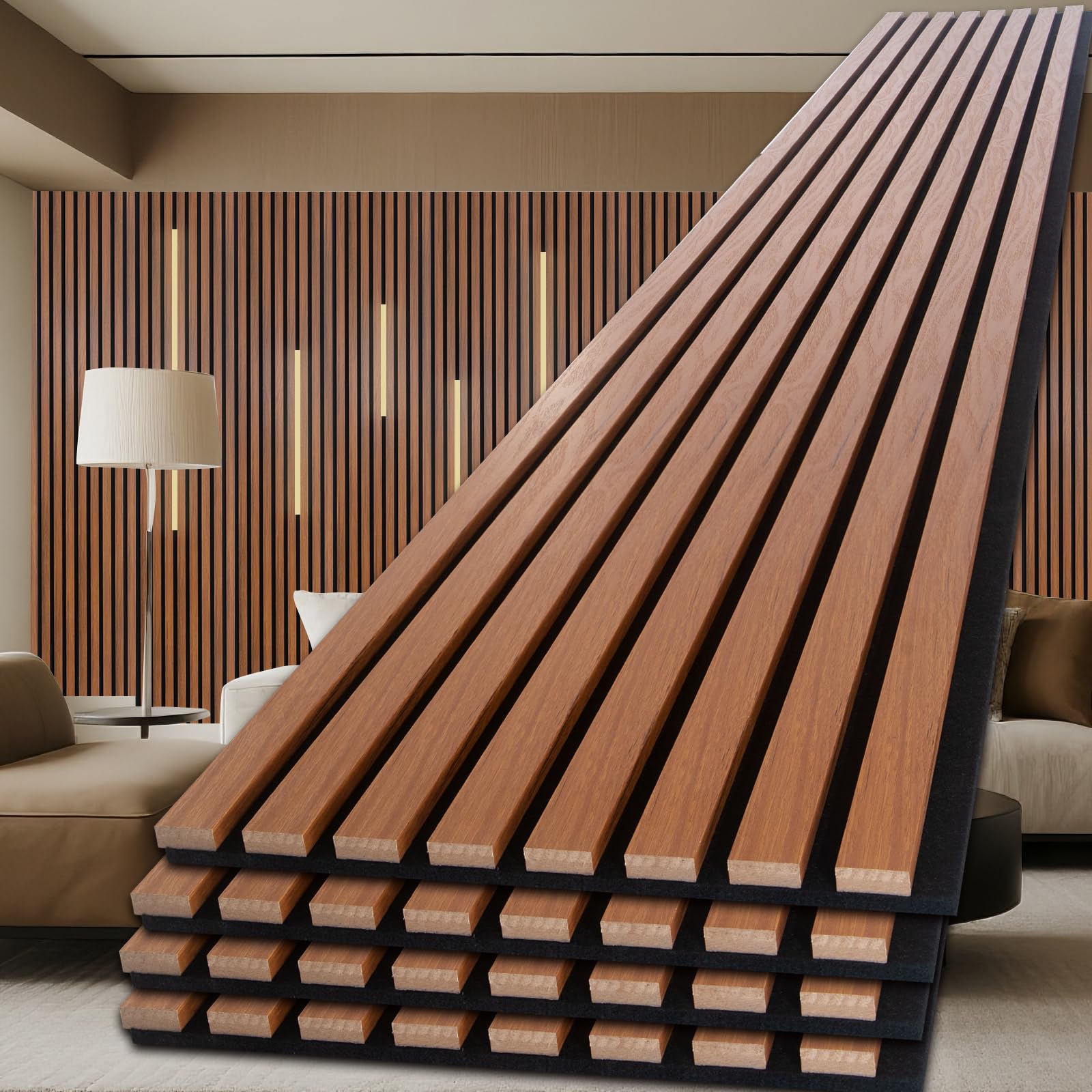 Photo 1 of NeatiEase Wood Panels for Wall, 4-Piece 120" x 12.6" Soundproof Wood Slat Wall Panel for Interior Wall Decor Noise Cancelling, Acoustic Wall Panels, Sound Absorbing Panel (Teak)
