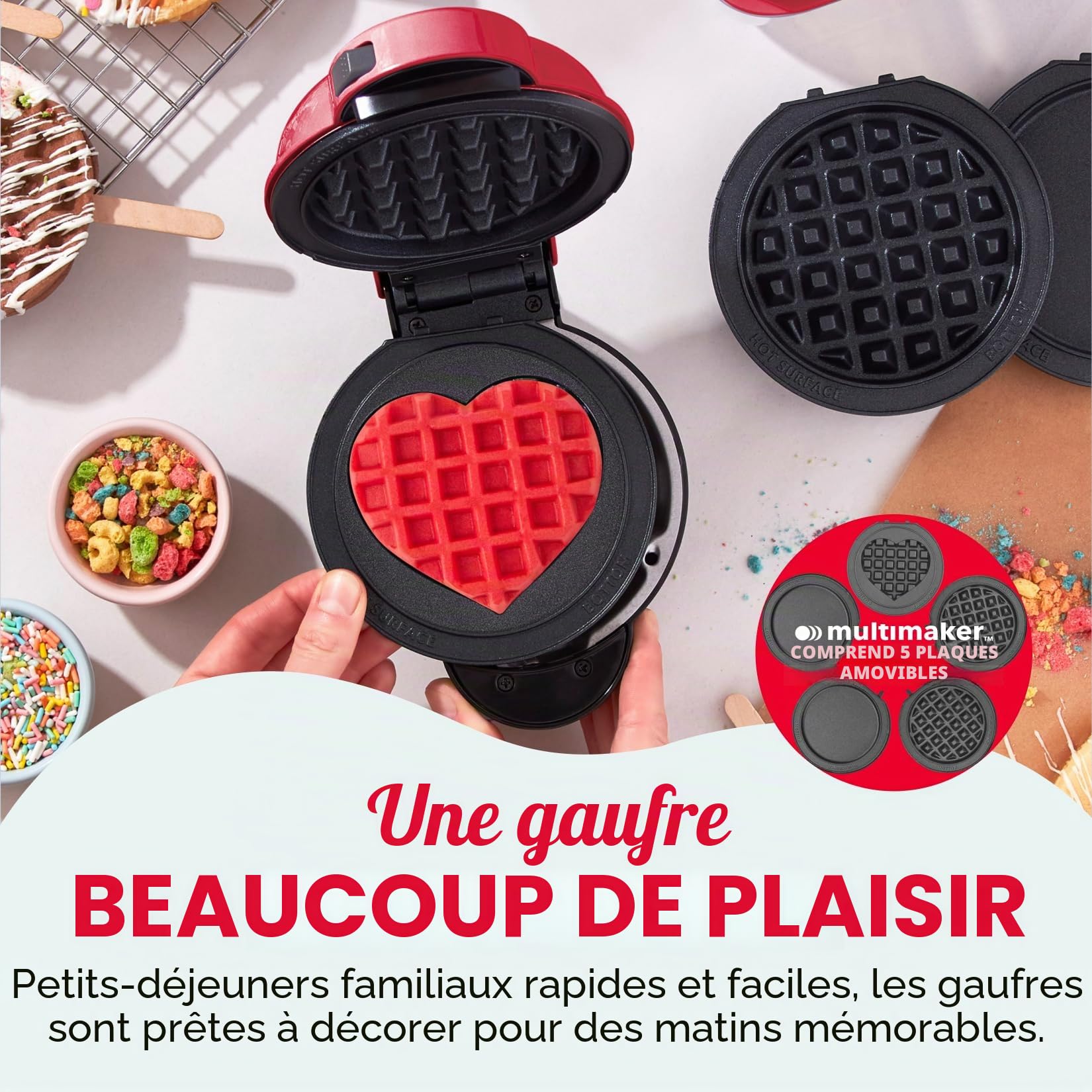 DASH Mini fabricant de plaques multiples avec 5 assiettes amovibles pour gaufres, 2 gaufres classiques, gaufres en cœur et 2 assiettes à repasser