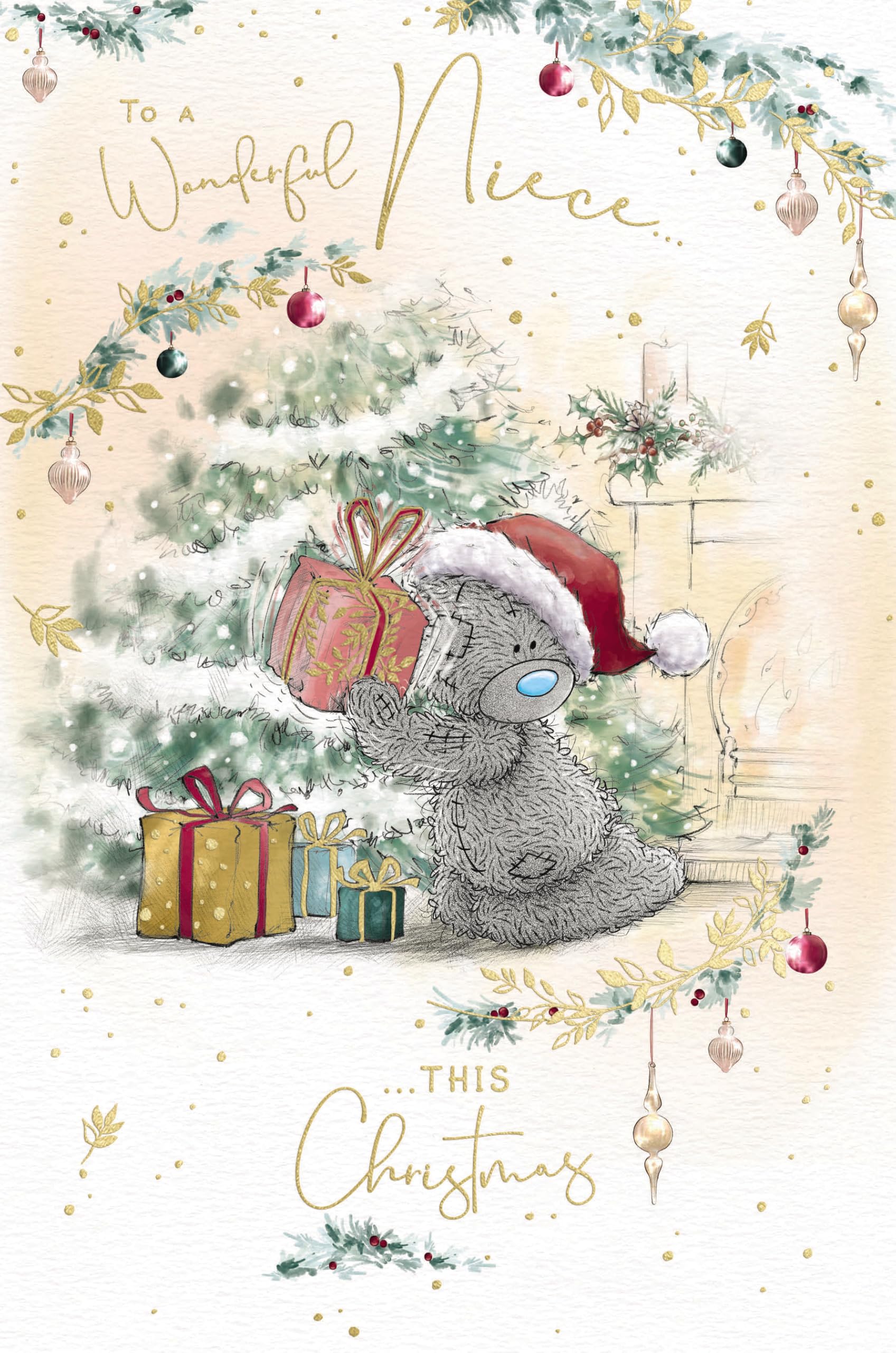 Me To You Tatty Teddy Christmas Card To A Wonderful Niece, Tatty Teddy Bear Holding Up Present 15.2 x 22.8 cm - Official Collection