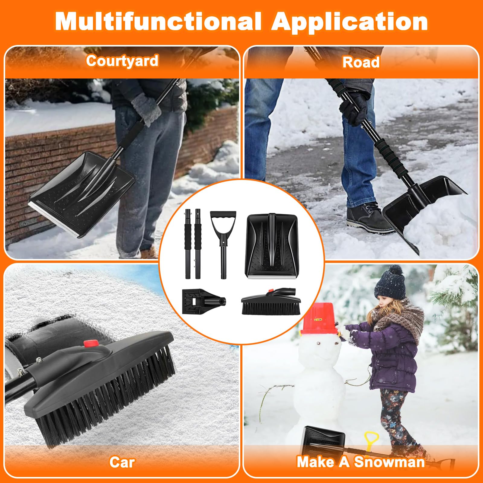 Pala da Neve Portatile, 112 Cm Staccabile Kit 3 In 1 Pala da Neve Retrattile Con Raschietto per Ghiaccio e Spazzola da Neve per Ghiaccio, Neve, Graniglia per Vialetto Auto