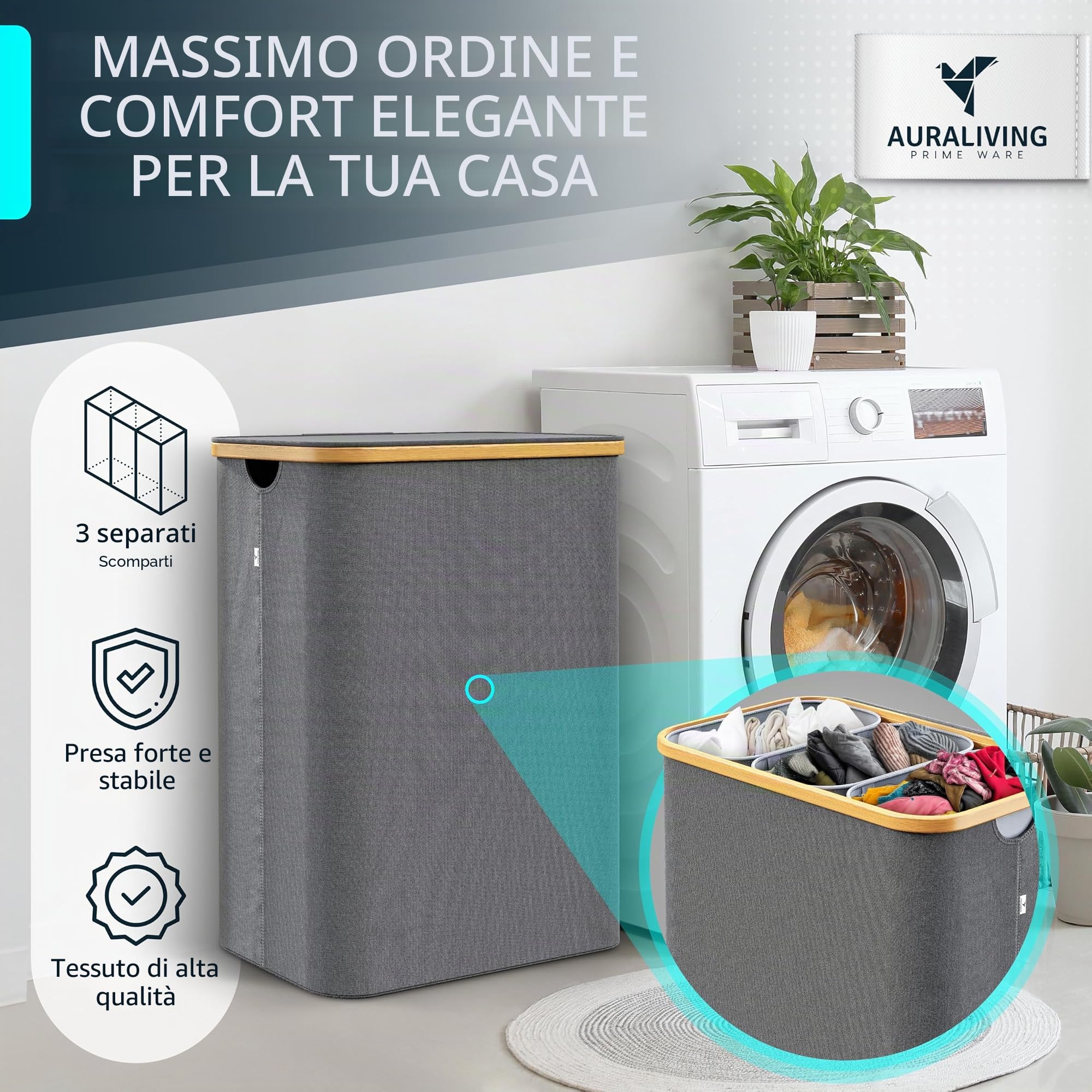 Auraliving, cesto portabiancheria a 3 scomparti, 160 l, con coperchio, telaio in bambù e anelli in metallo stabili, pieghevole, sottile e con 3 sacchetti rimovibili e lavabili, colore: grigio
