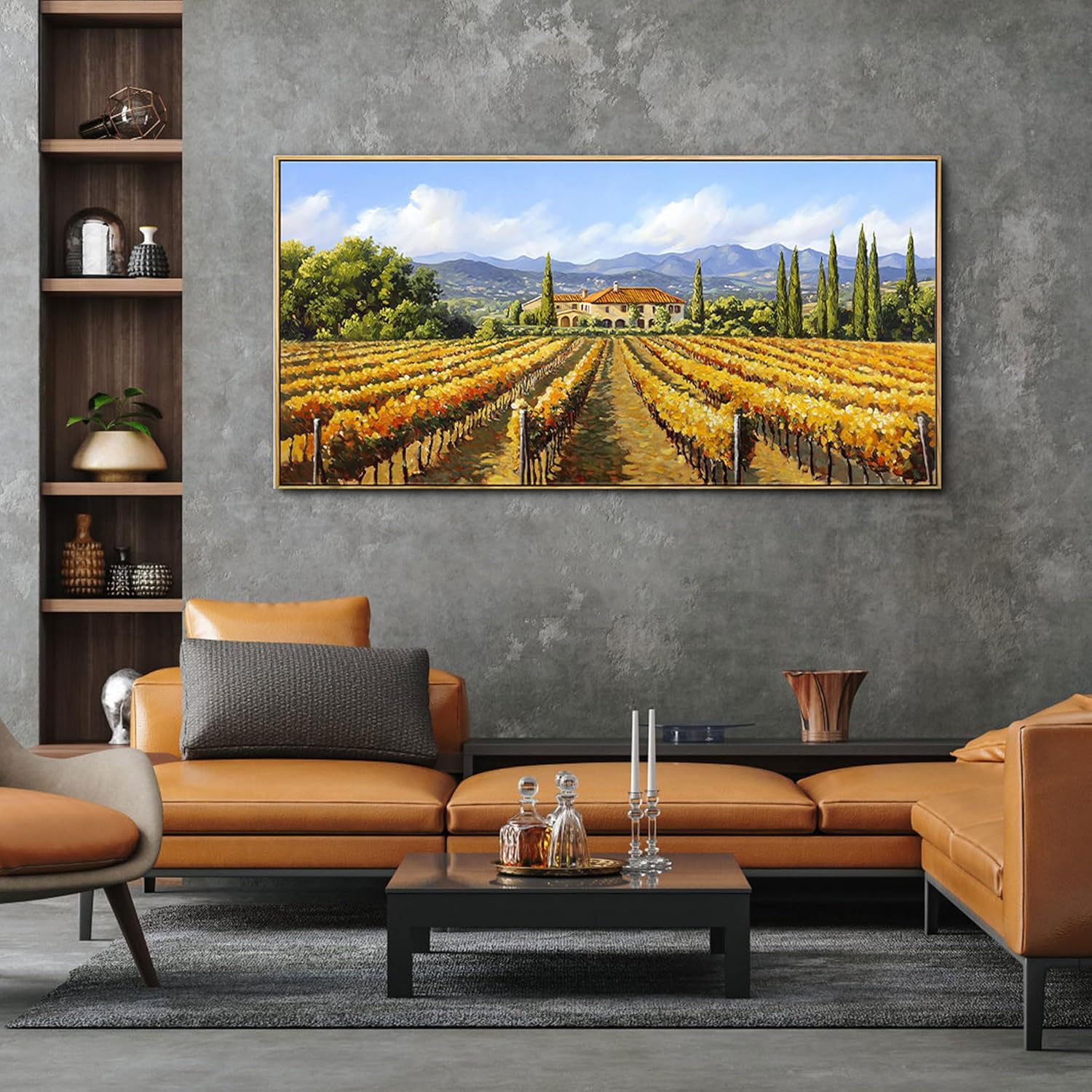XLSJERST Fall Picture - Orange Wall Art Vineyard Large Landscape Autumn Framed Wall Decor Living Room Vintage Artwork Nature Forest Canvas Wall Art for Bedroom Office Fall Wall Decor - 58x29 Inches 58"L x 29"W Orange