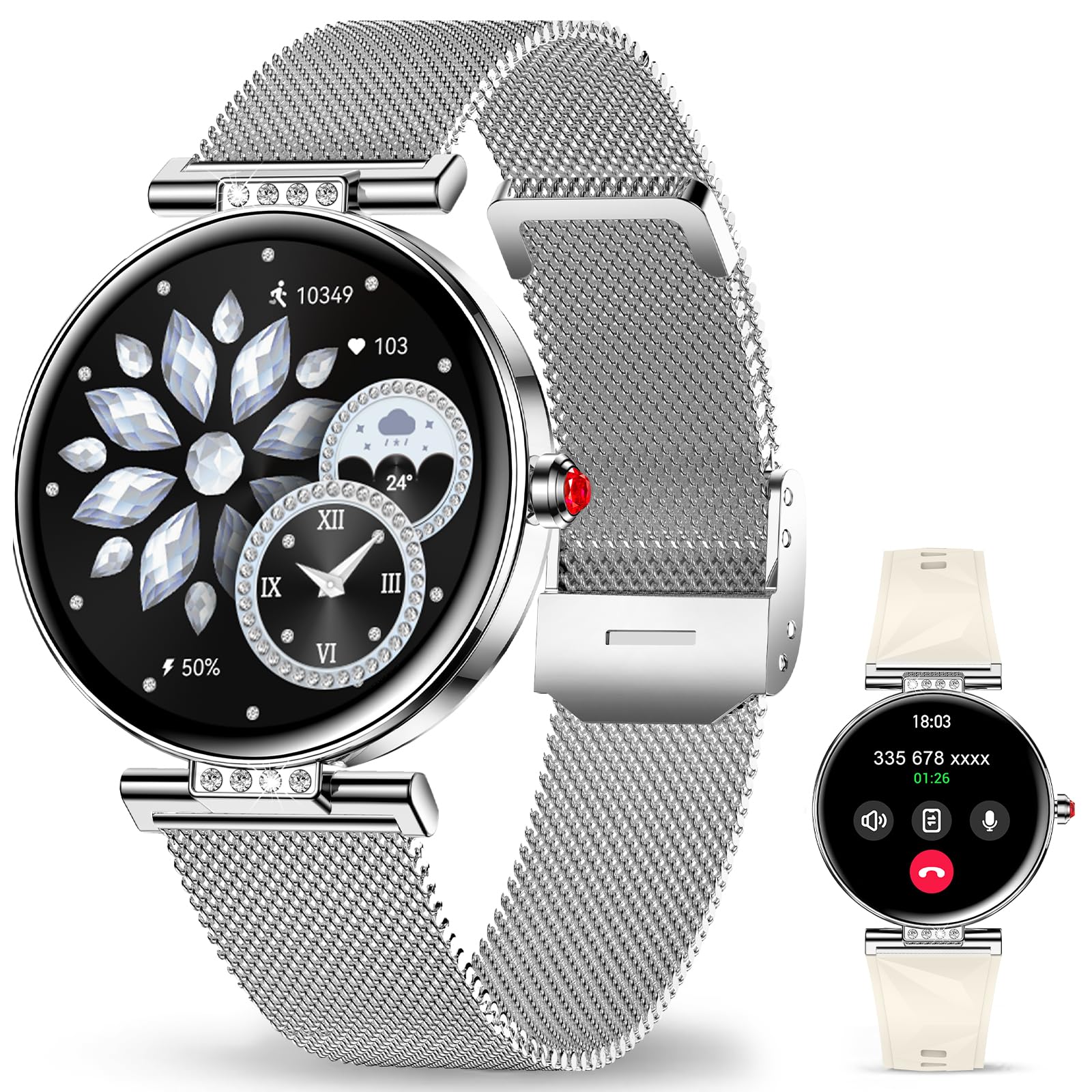 Montre Connectée Pour Femmes Petit Cadran Rond avec Fonction Téléphone Sport Surveillance de la Santé Notifications Par Application Suivi d'activité Bluetooth étanche pour Android IOS (Argenté)