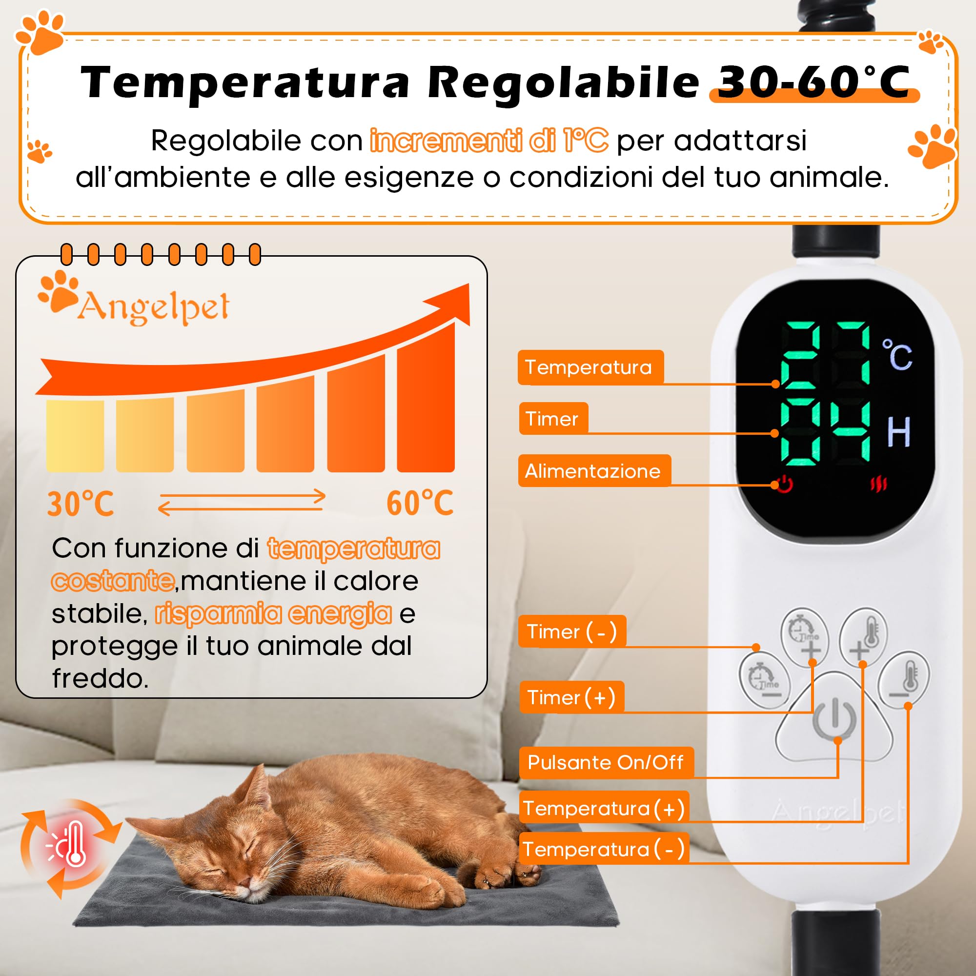 Angelpet Tappetino Riscaldante per Cani Gatti XL 60x90cm – Cuscinetto Elettrico per Animali Domestici, 30-60℃ Temperatura, 14 Timer (0-12/24H), Cavo Anti-Morso 1,8m, Auto Screen-Off, 2 Fodere Lavabili