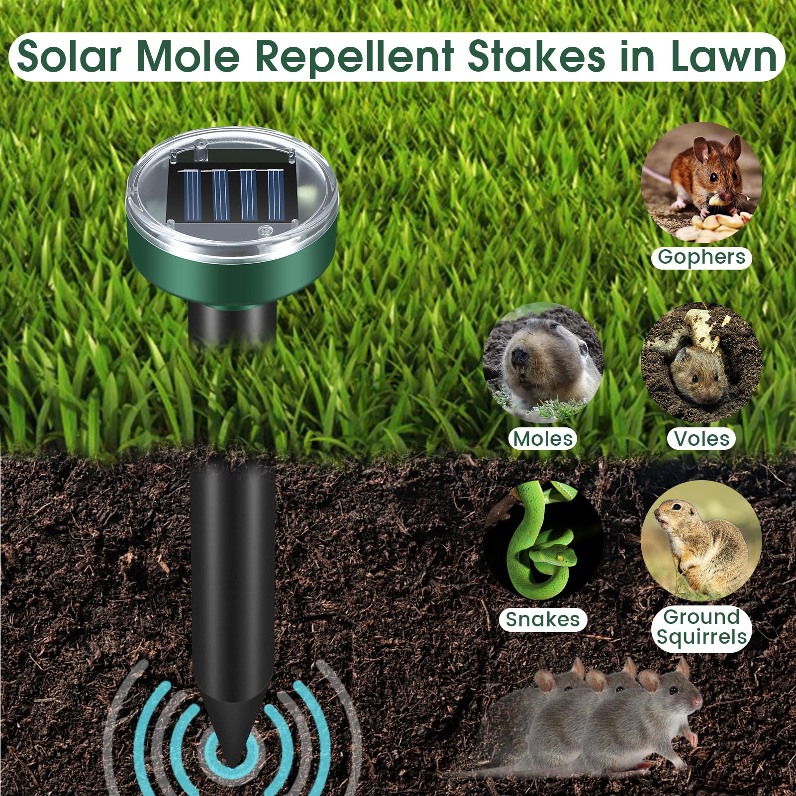 Repellente per talpe e prati, ad ultrasuoni, ad energia solare, per giardino, cortile, impermeabile, per serpenti, scoiattoli, parassiti, arvicole