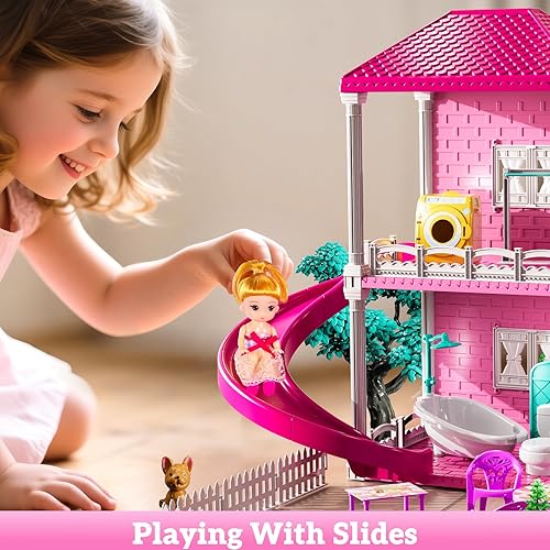Vista 22 de Juego de villa para niñas de 3 a 7 años, 4 pisos y 12 habitaciones con 2 muñecas, muebles y accesorios, juego de interior para niñas de 6 a 8 años