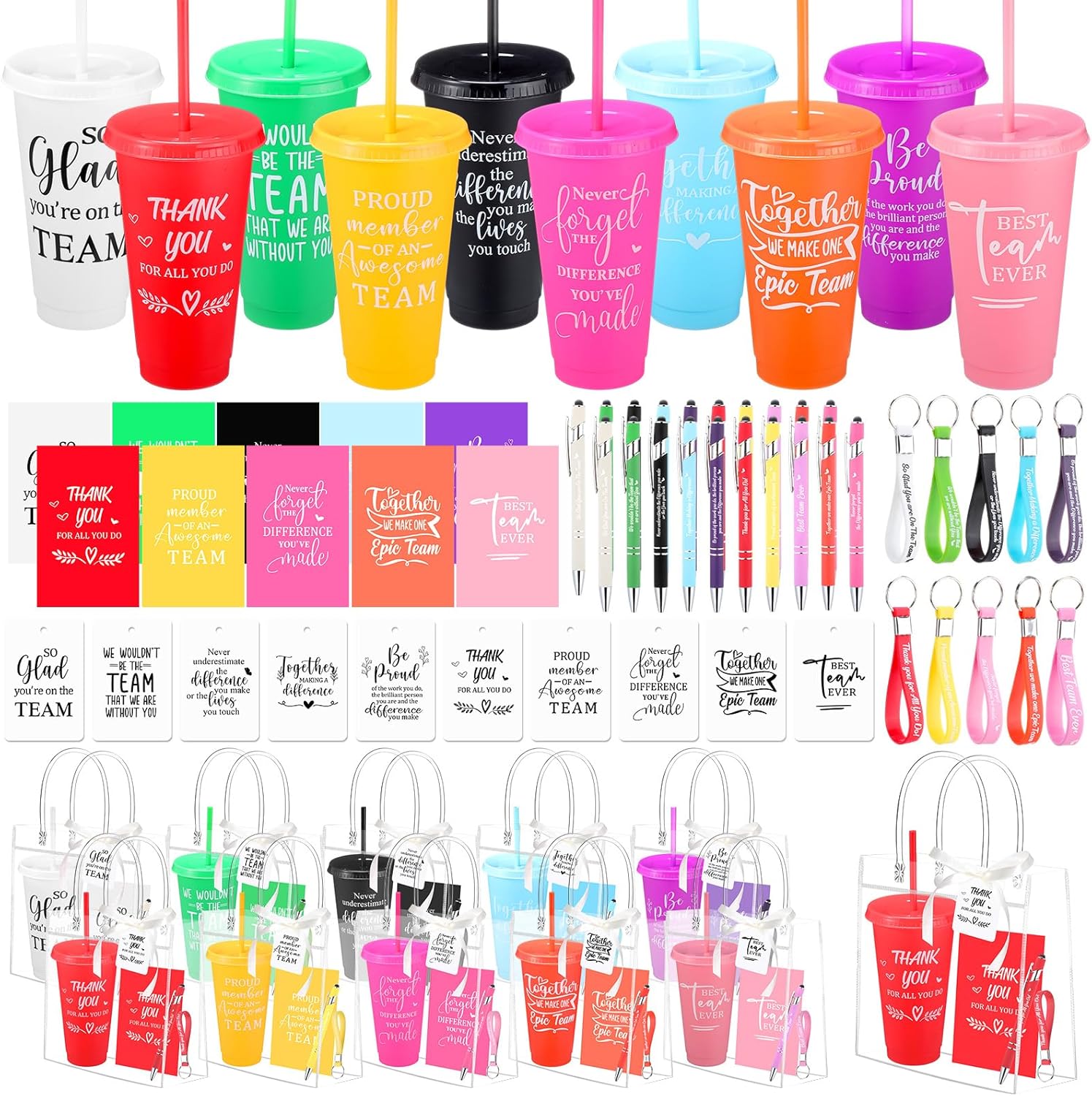 181 Pcs Employee Appreciation Gifts 24 oz Inspirational Plastic Cups with Lid and Straw Notebooks Ballpoint Pens Keychains PVC Gift Bags Thank You Supplies for Teacher Coworker Staff(Novel)