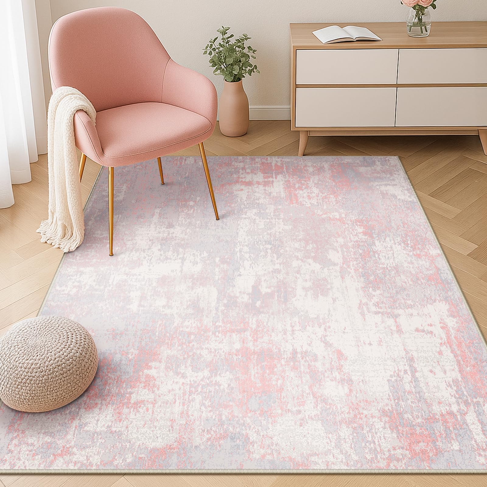RELEANY Washable Area Rugs 4'x6' Non-Slip Modern Abstract Soft for Living Room Entryway Bedroom Nursery, Print Pattern, Grey Pink