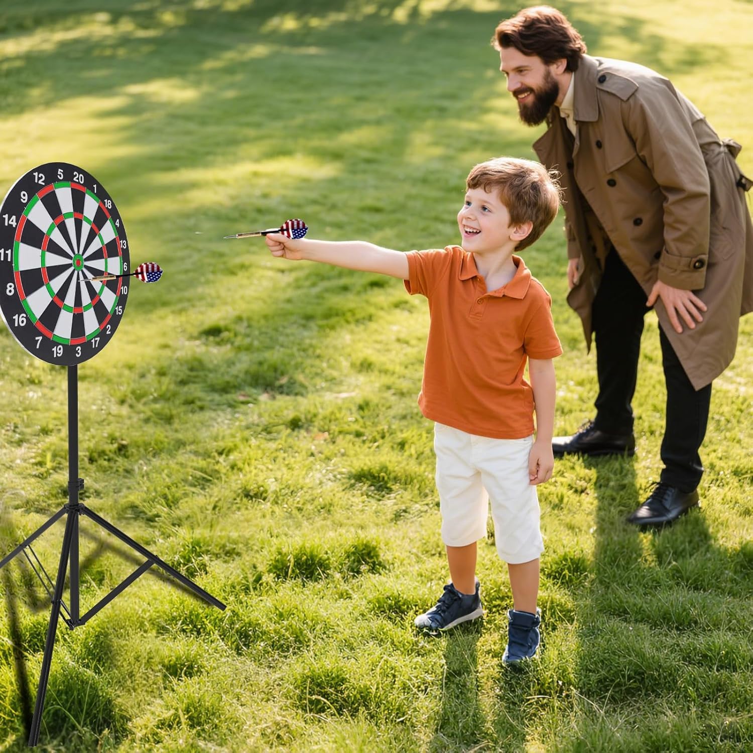 Bersaglio per freccette con supporto, 86-188 cm, regolabile in altezza, bersaglio da 46 cm, robusto tre piedi, design portatile con 6 freccette per viaggi, casa, pub o giochi all'aperto